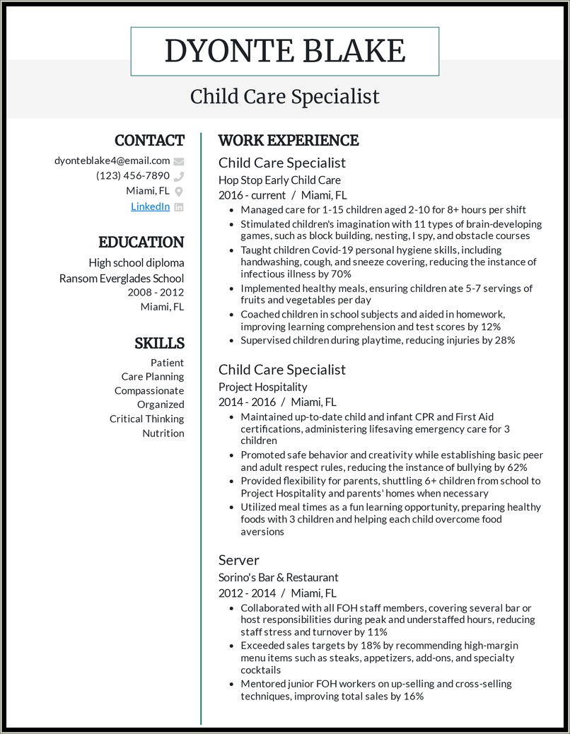 Example Of Personal Summary For Resume Child Care
