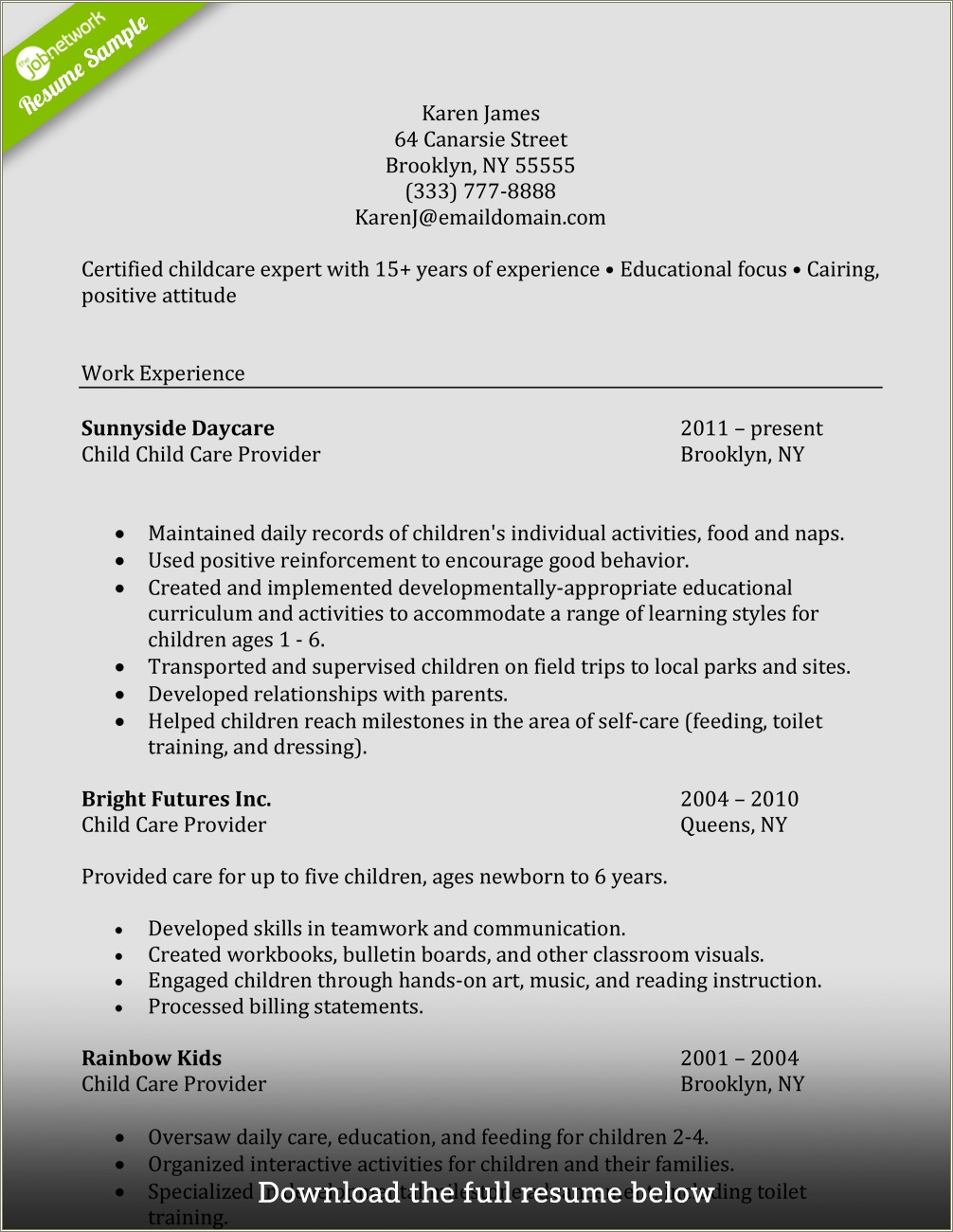 Example Of Personal Summary For Resume Childcare