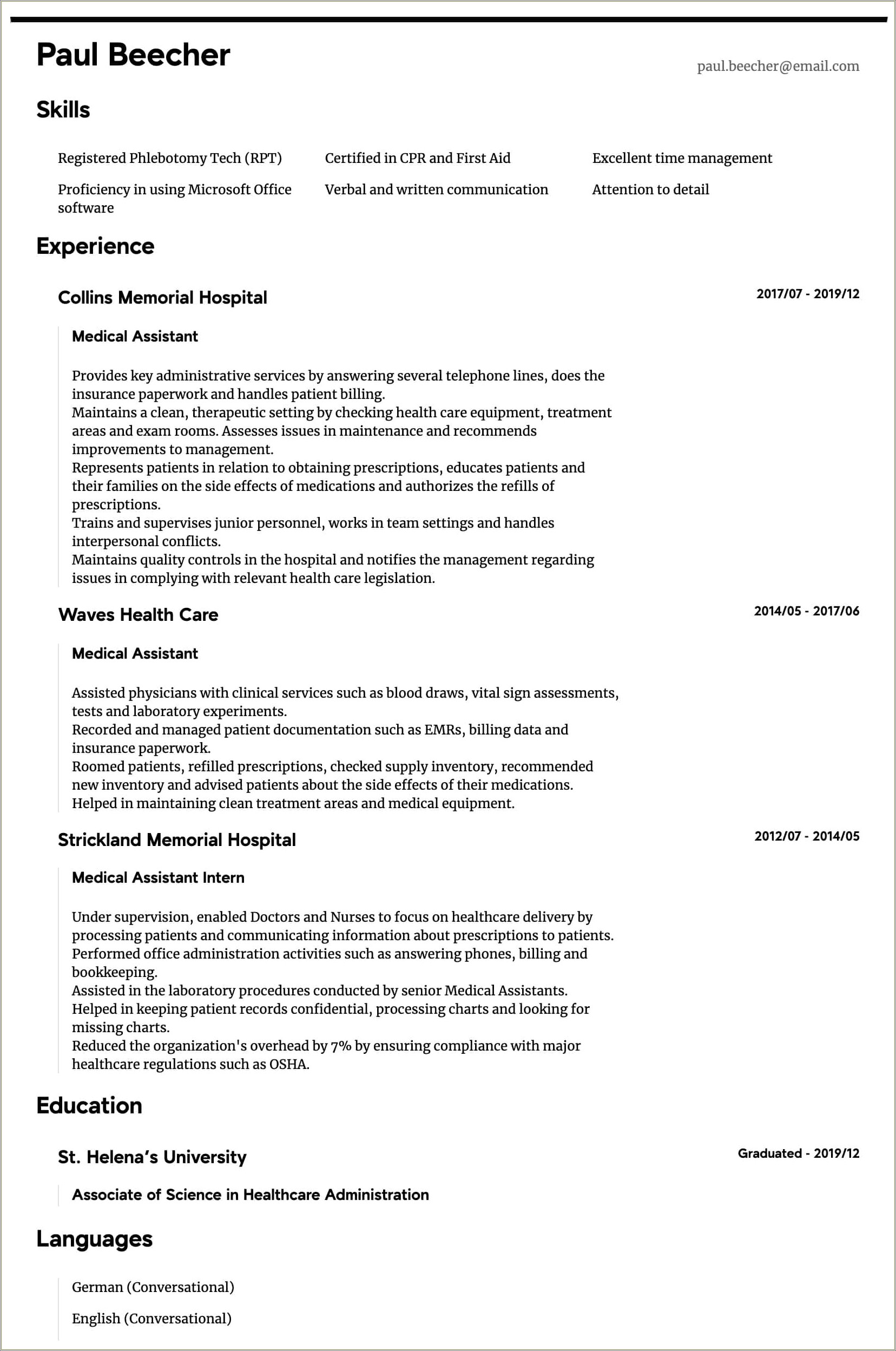 Example Of Professional Highlights Medical Assistant Resume