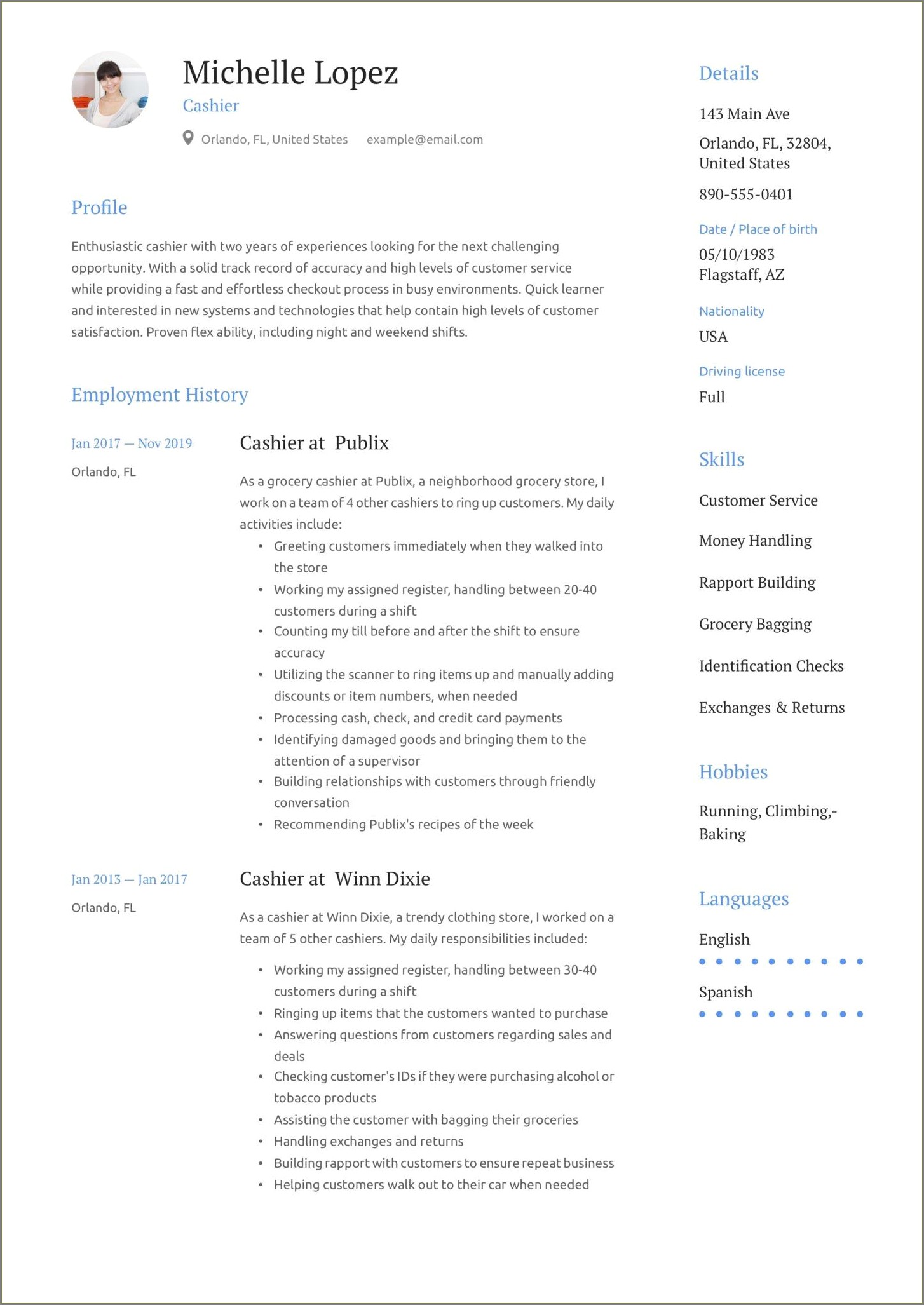 Example Of Profile Of Cashier Resume