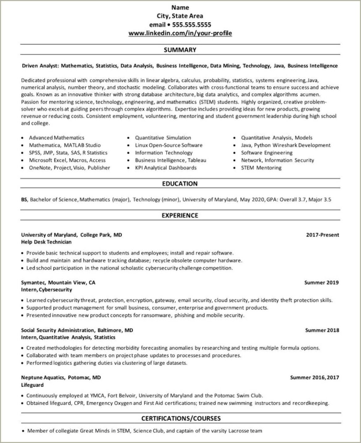 Example Of Profile On Resume For Students