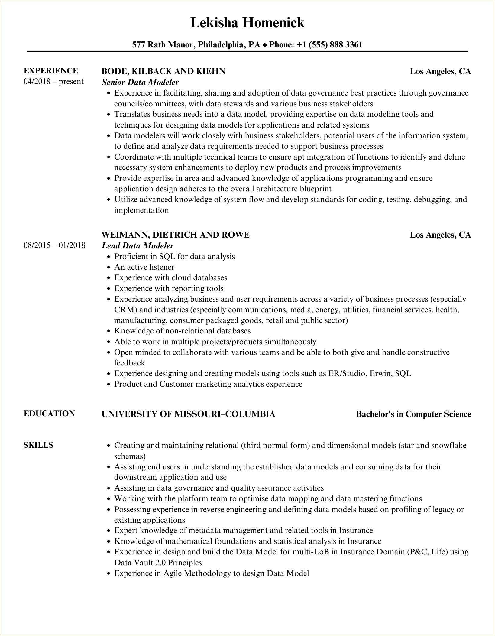 Example Of Projects In Resumes Data Modeling