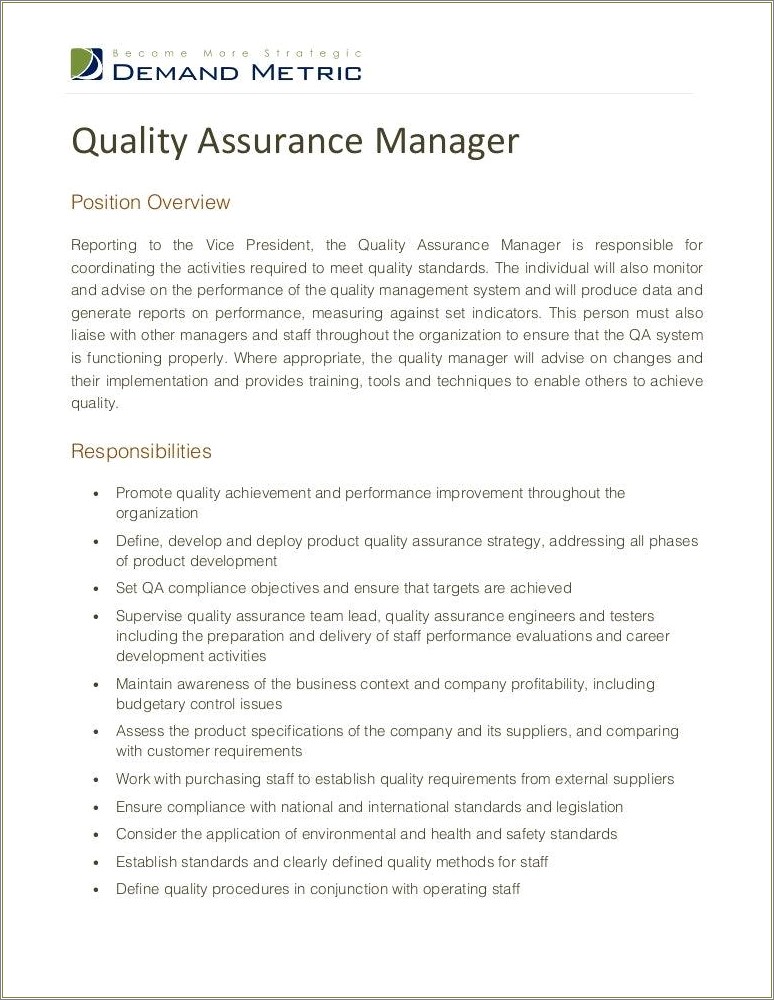 Example Of Quality Assurance Manager Resume
