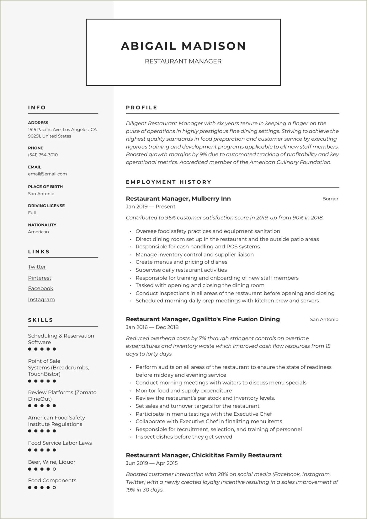 Example Of Restaurant General Manager Resume