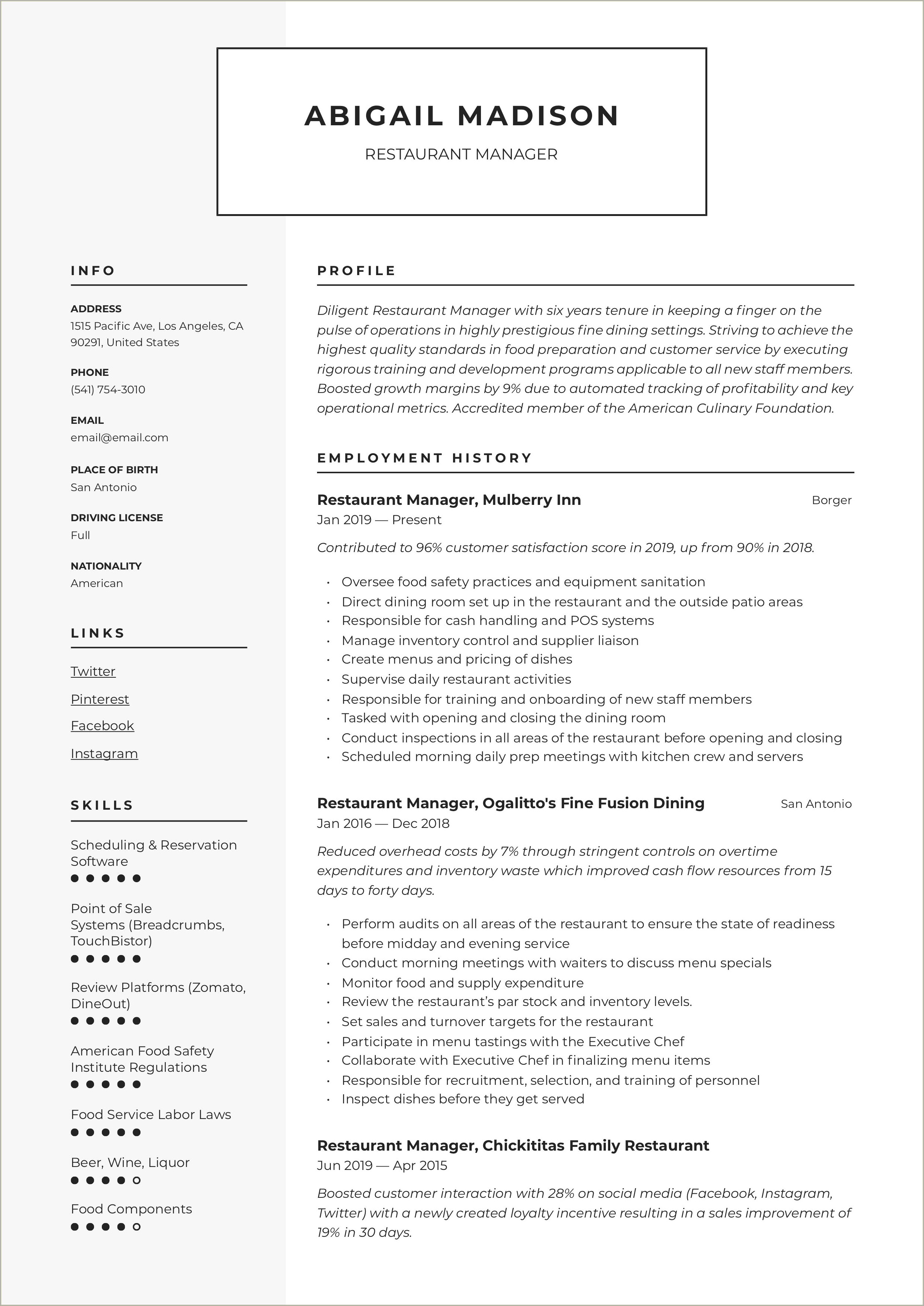 Example Of Restaurant General Manager Resume