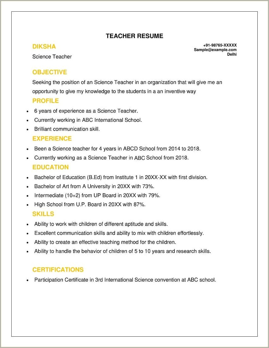 Example Of Resume Applying As A Teacher