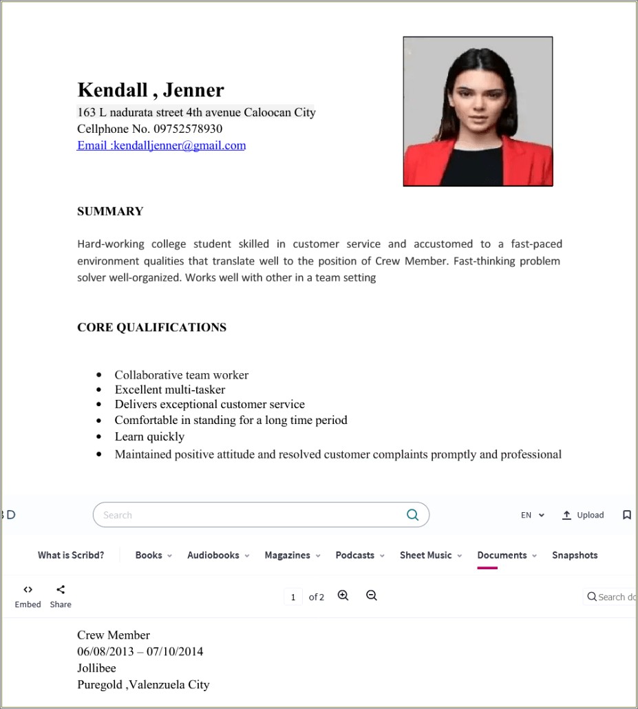 Example Of Resume Applying For Jollibee
