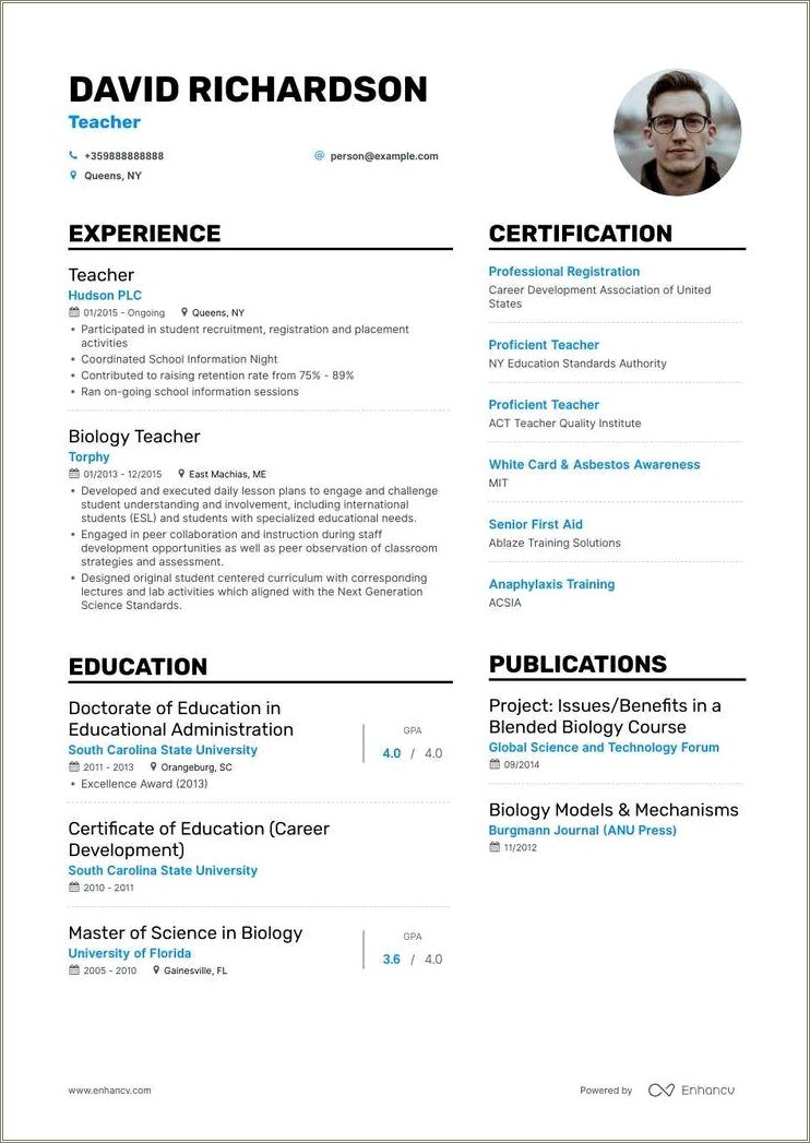 Example Of Resume Applying For Teacher