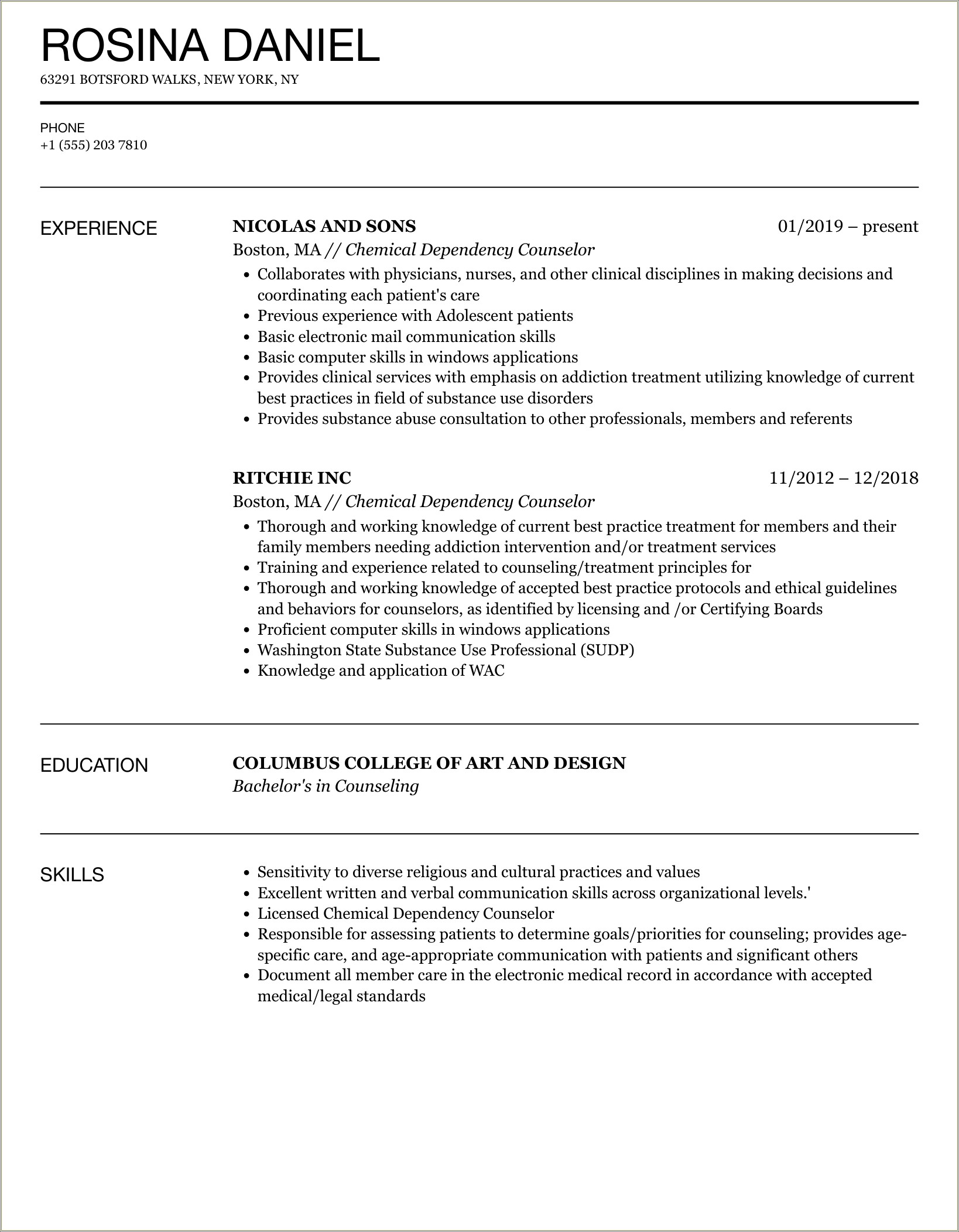 Example Of Resume Clinical Substance Abuse Counselor