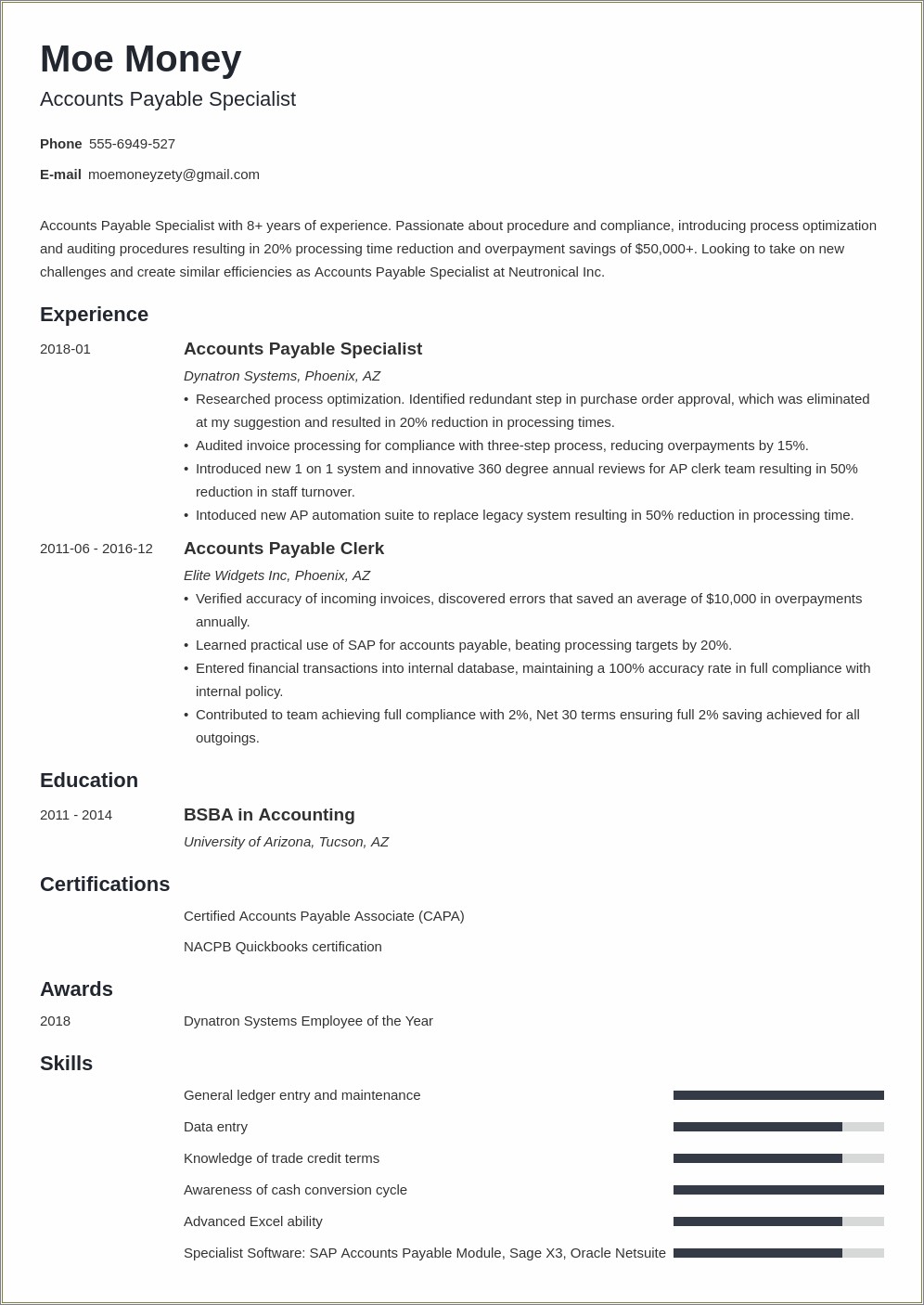 Example Of Resume Content For Accounts Payable Position