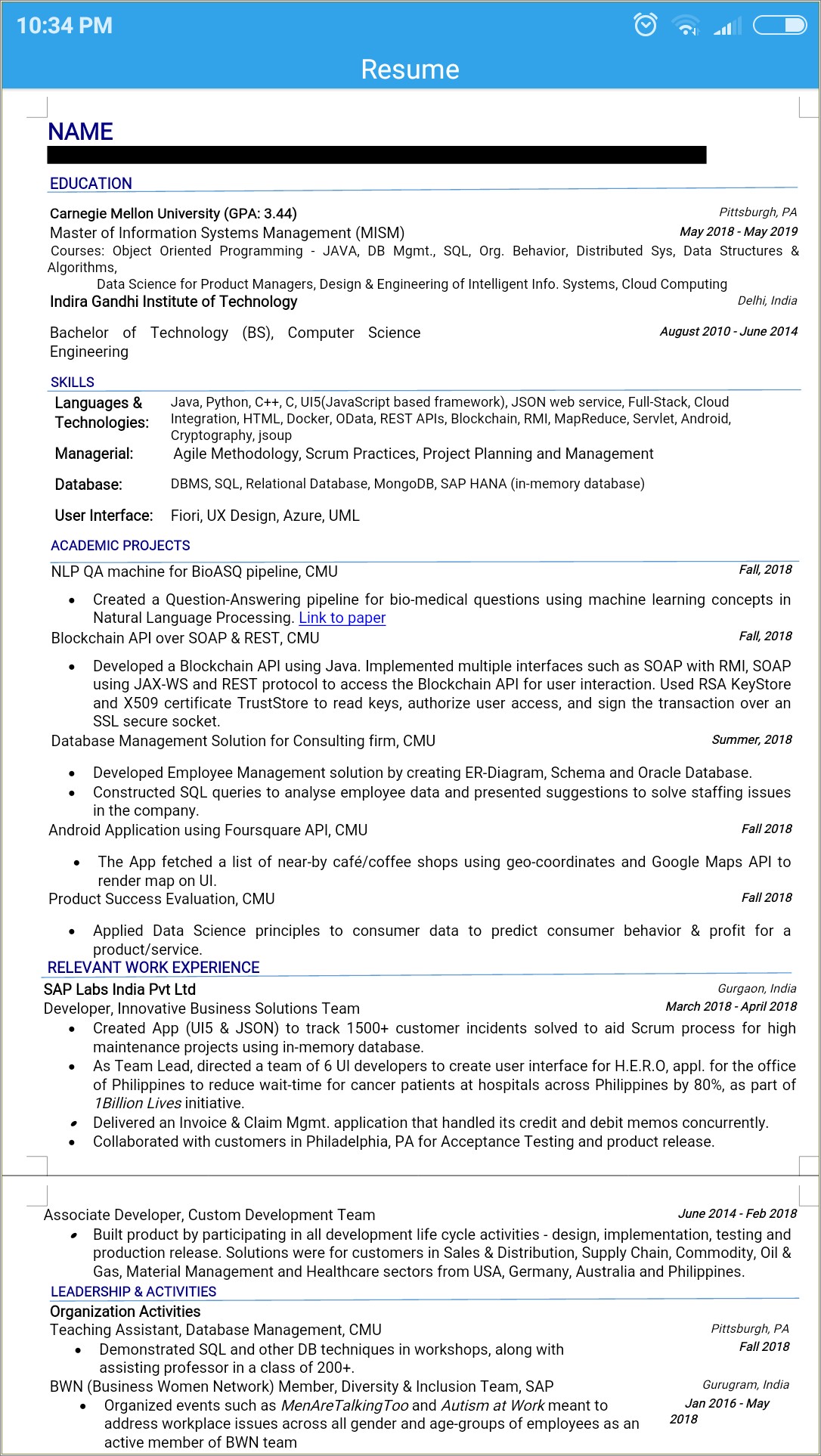 Example Of Resume Currently Enrooled In Masters