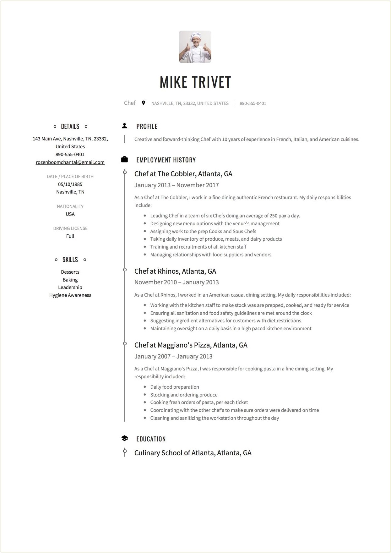 Example Of Resume For A Chef