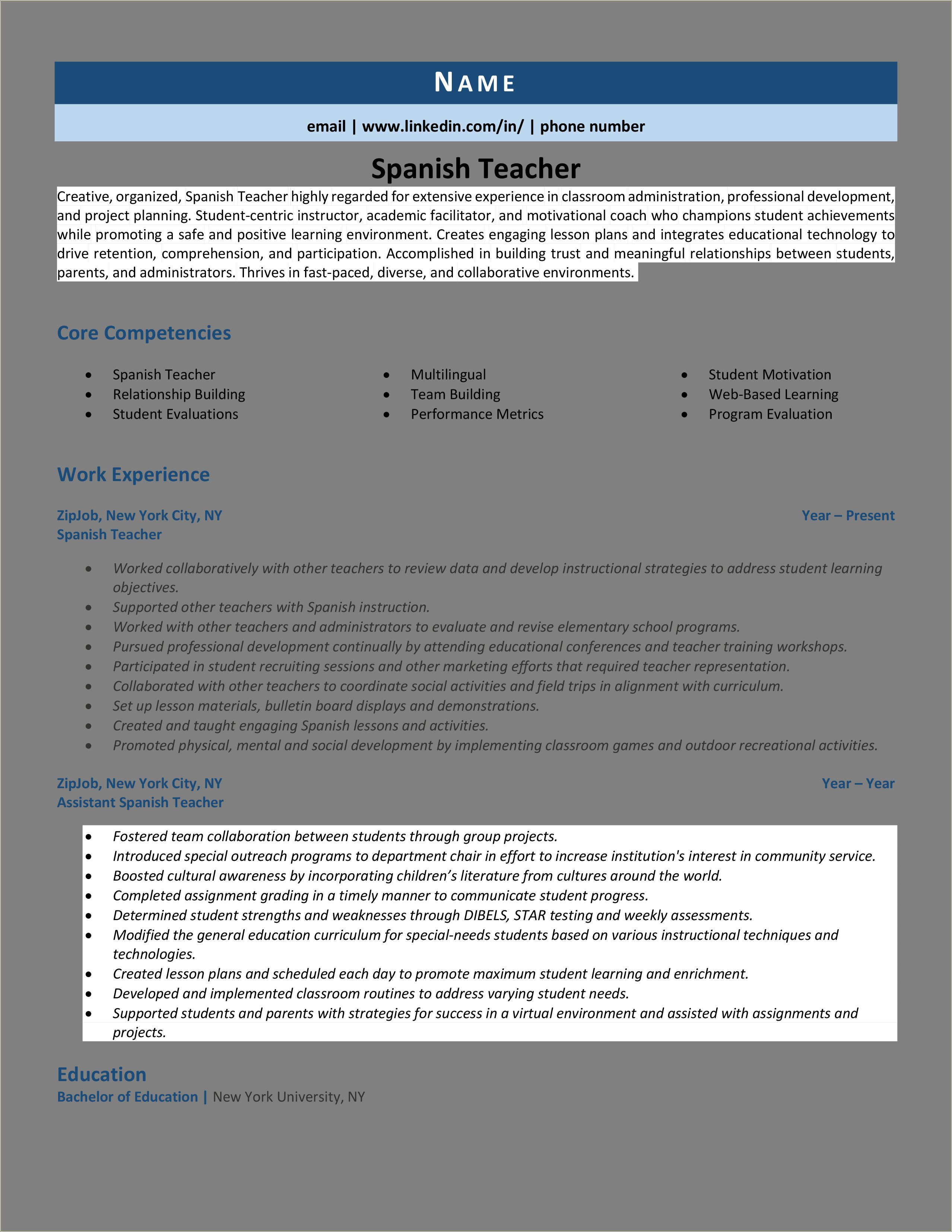 Example Of Resume For A Teaching Job