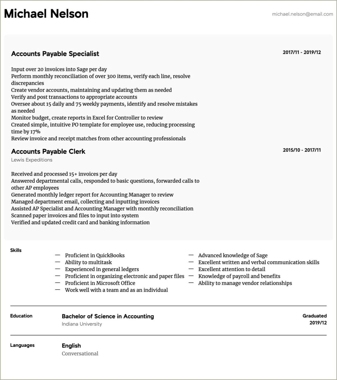 Example Of Resume For Accounts Payable