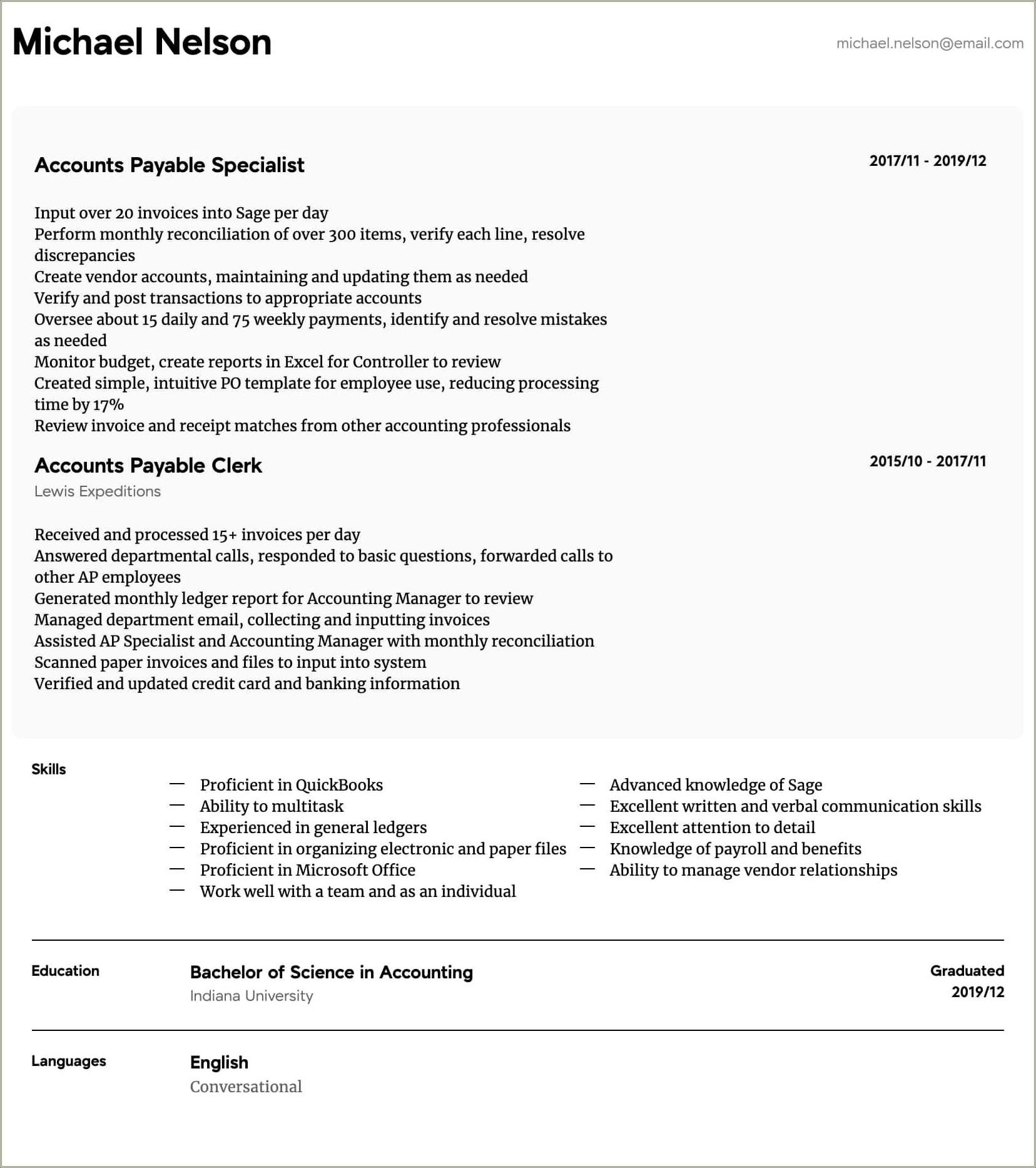Example Of Resume For Accounts Payable