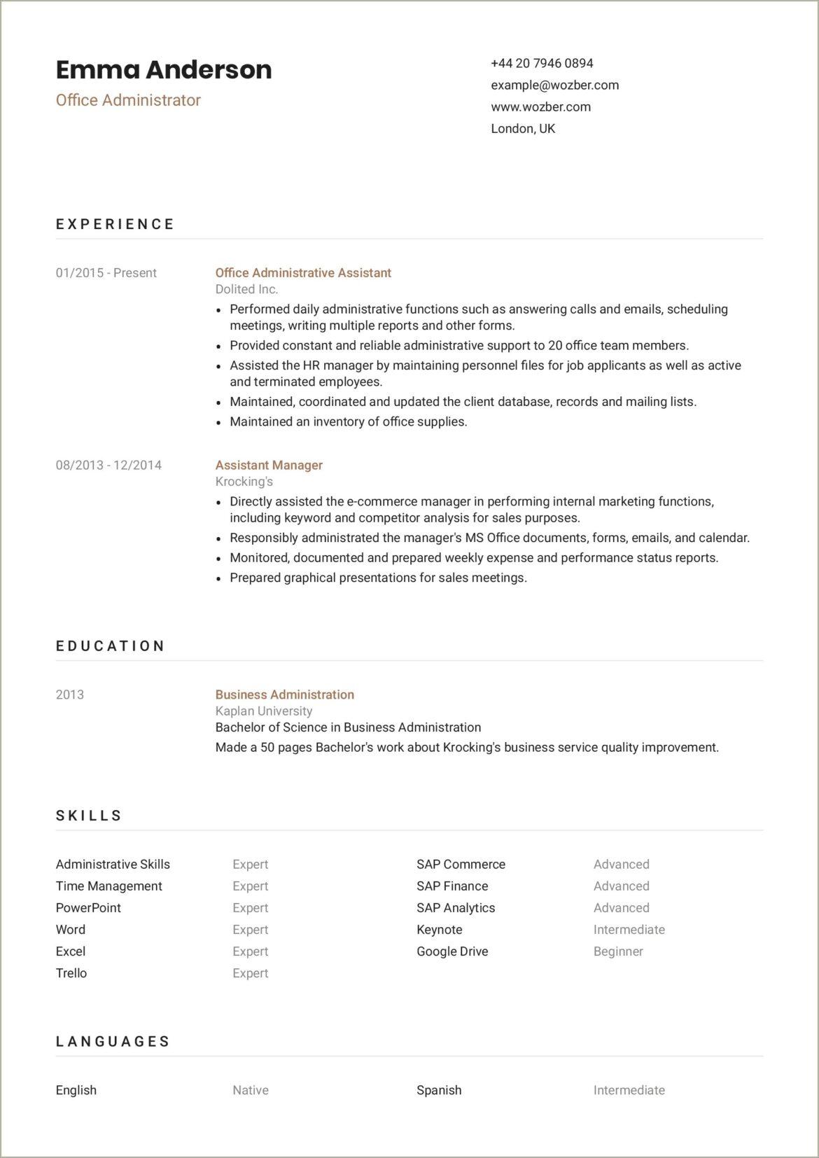 Example Of Resume For Administration Job