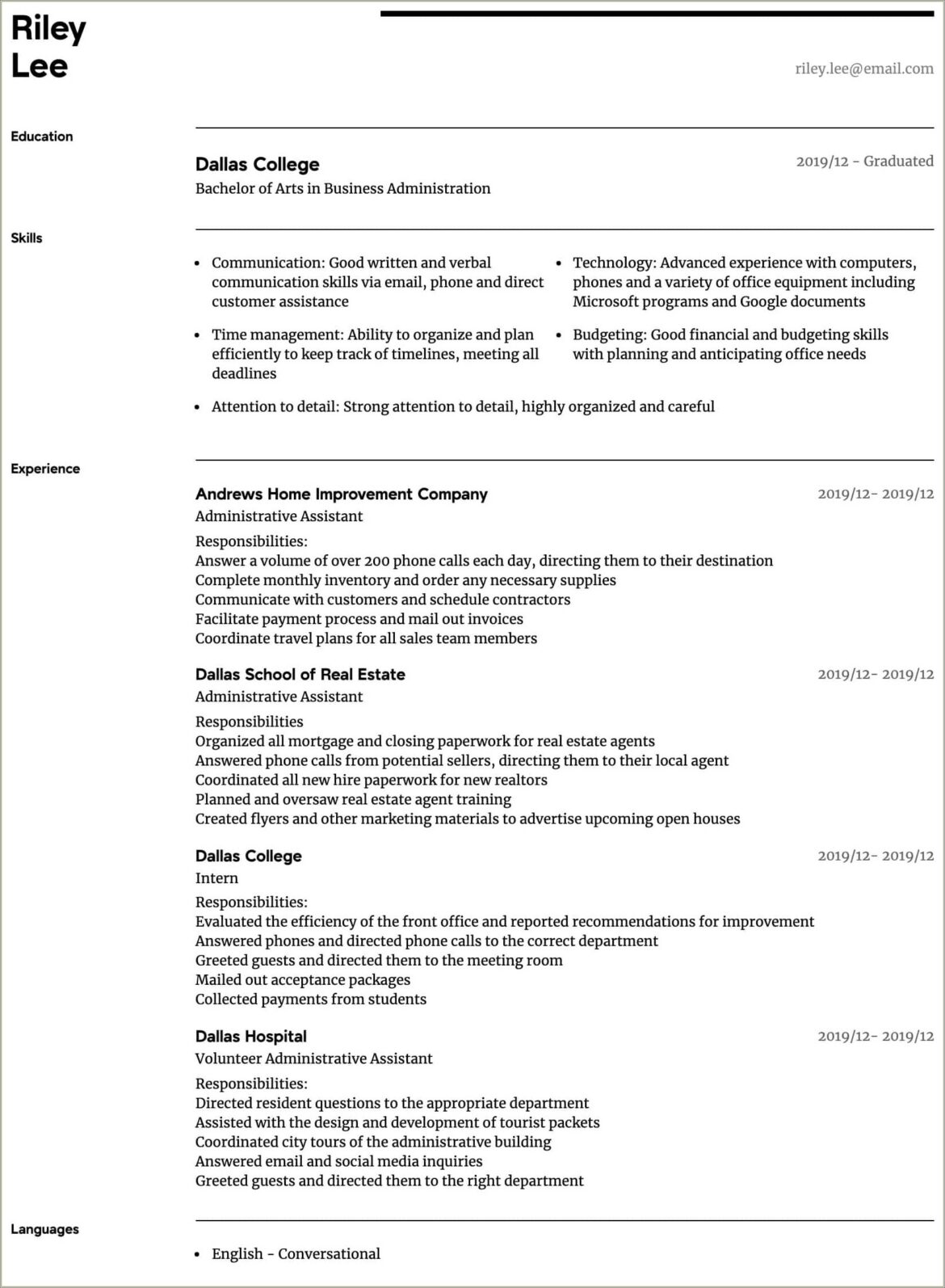 Example Of Resume For Administrative Assistant Position