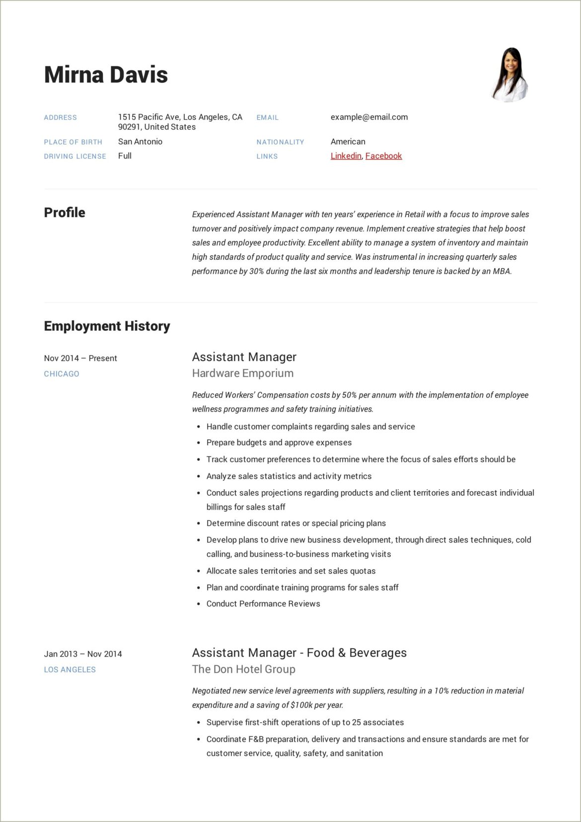 Example Of Resume For Assistant Manager