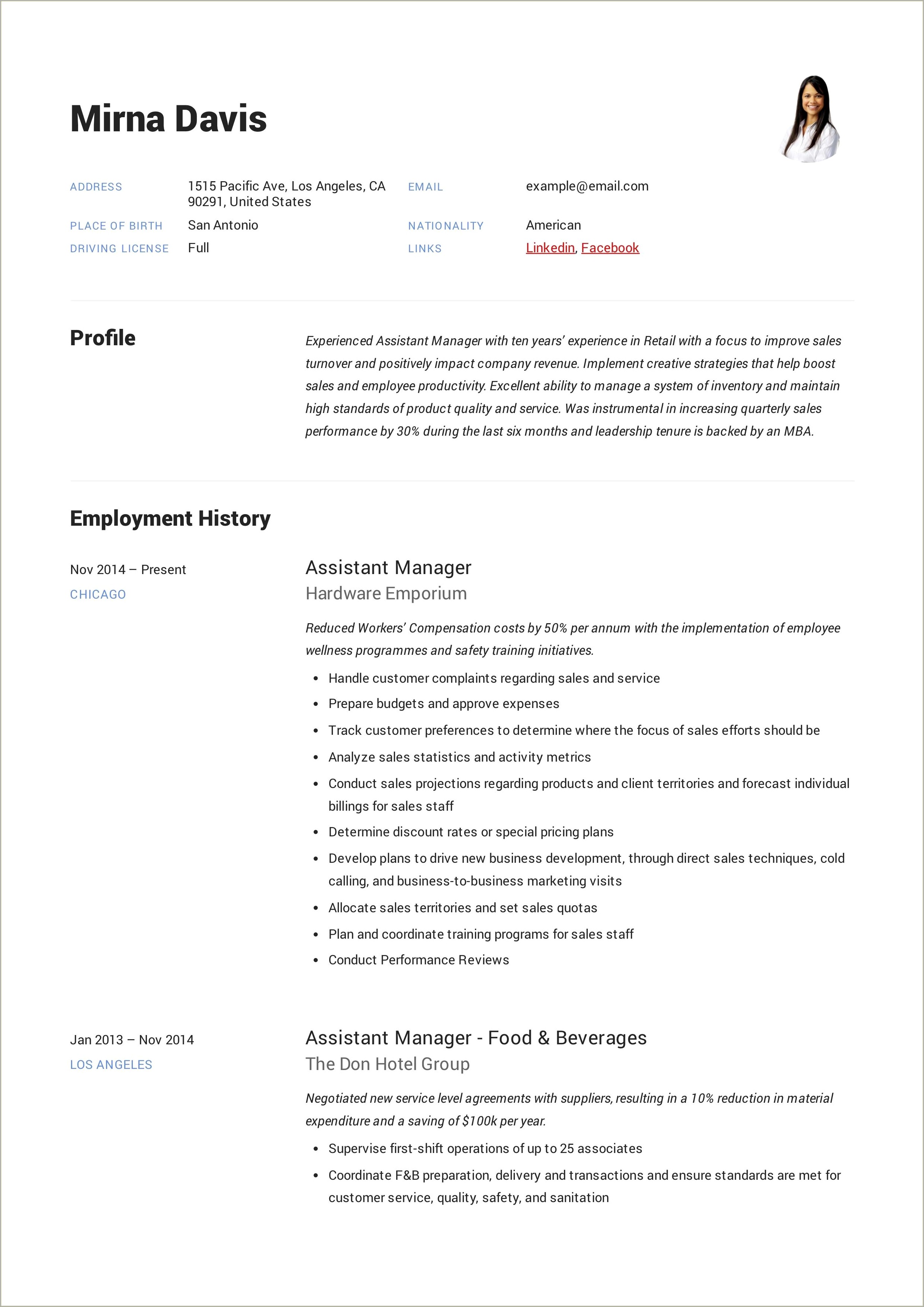 Example Of Resume For Assistant Manager