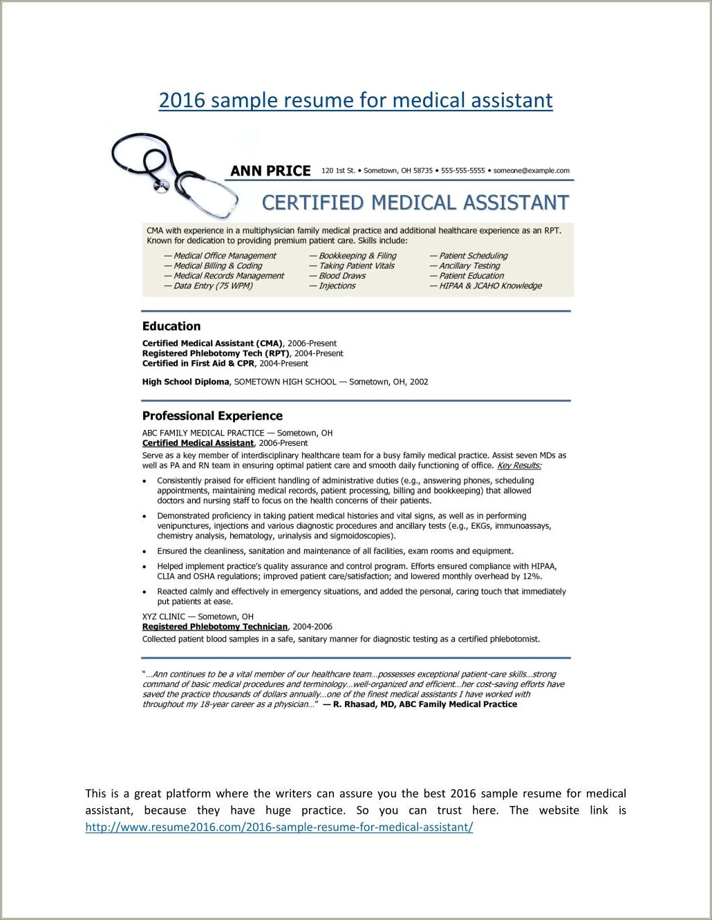 Example Of Resume For Certified Medical Assistant
