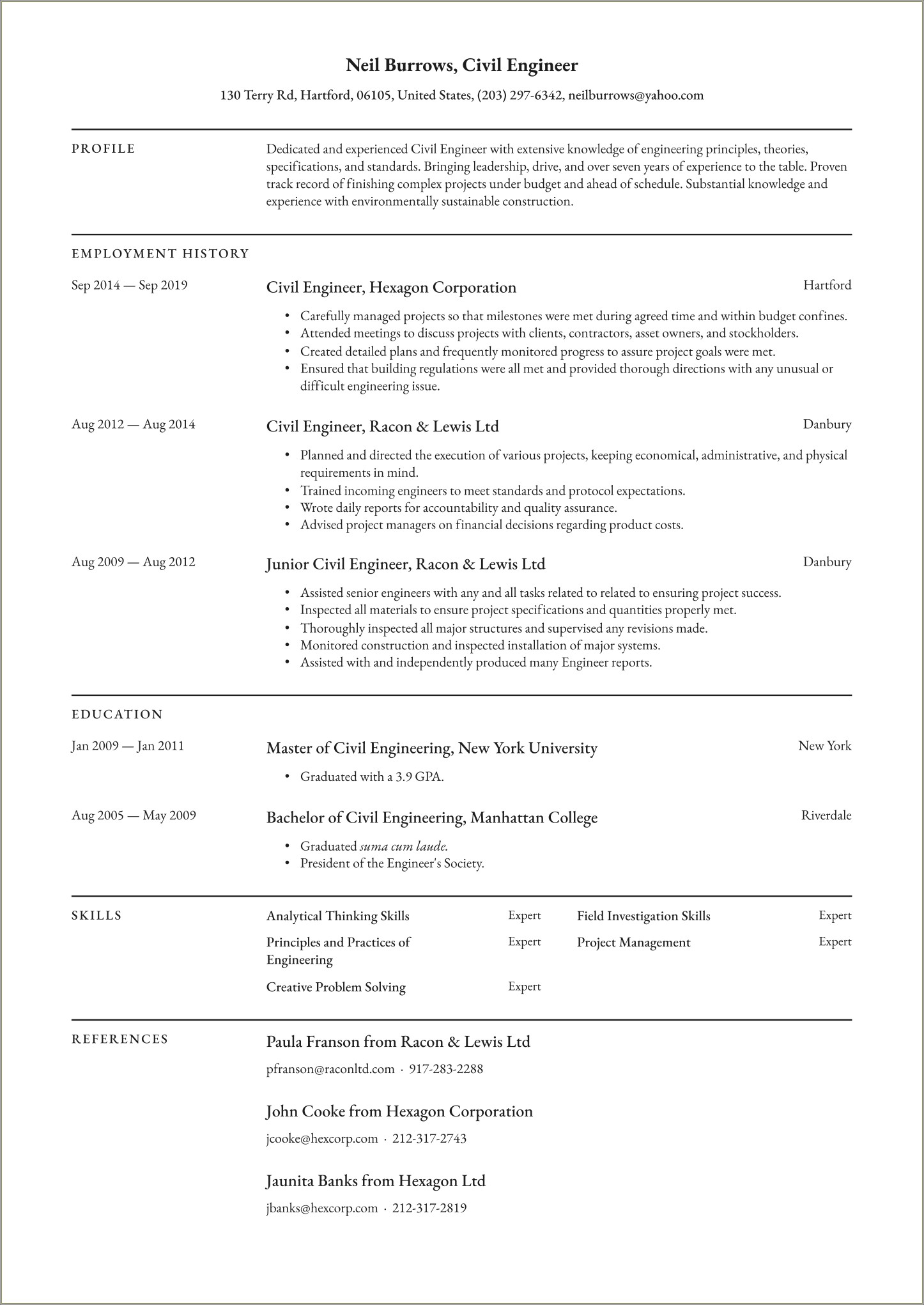Example Of Resume For Civil Engineering Student