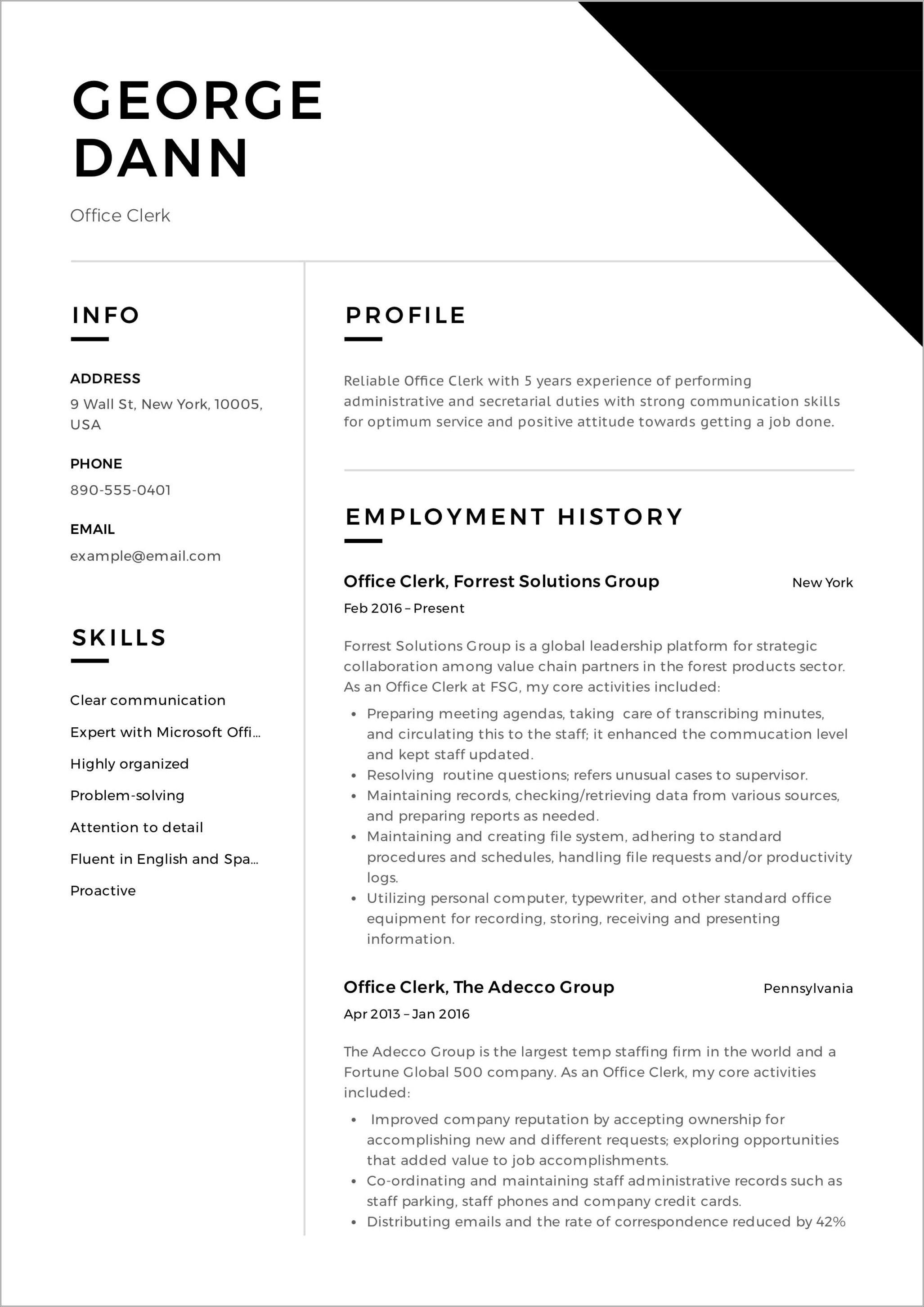 Example Of Resume For Clerk Job
