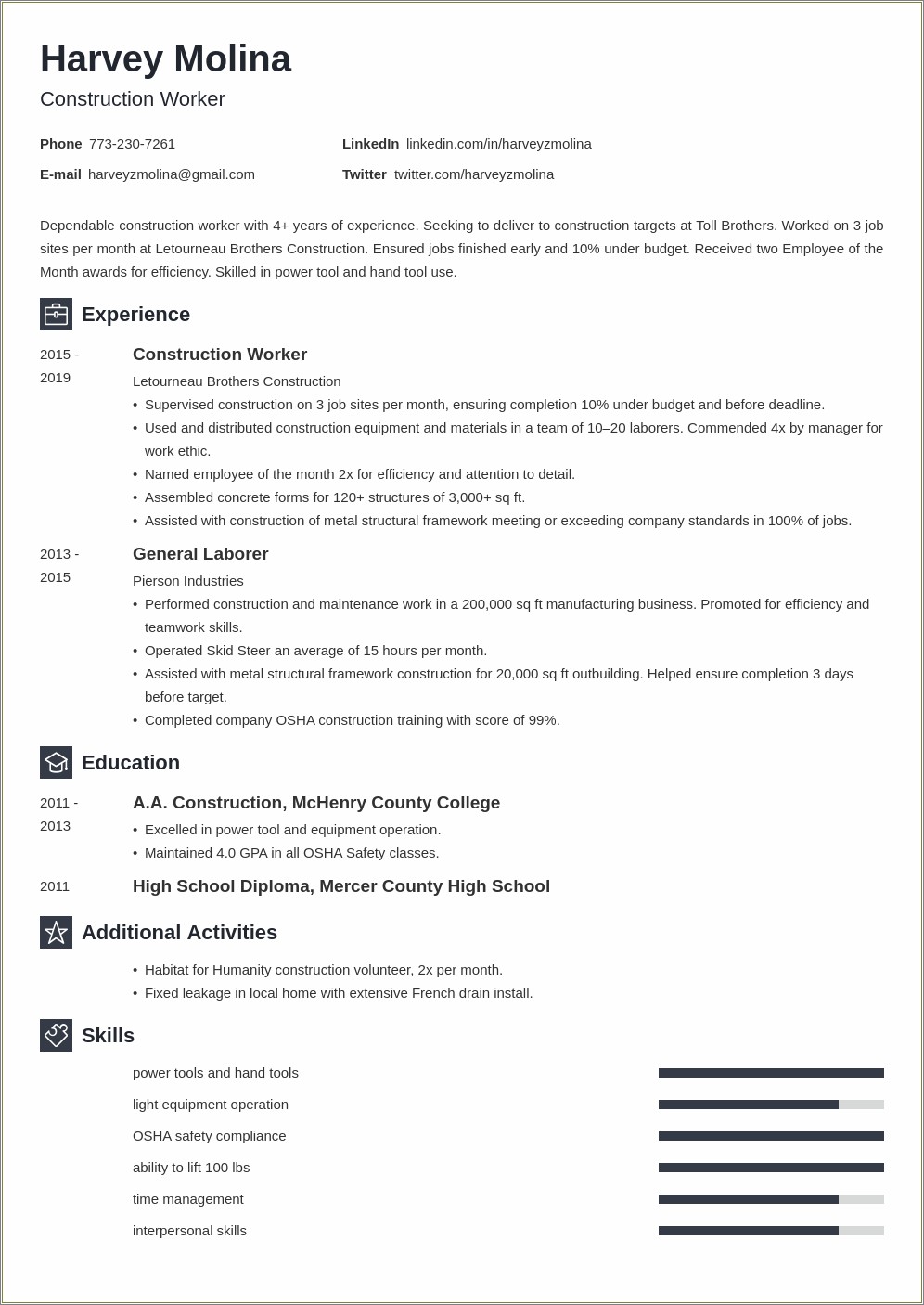 Example Of Resume For Construction Job
