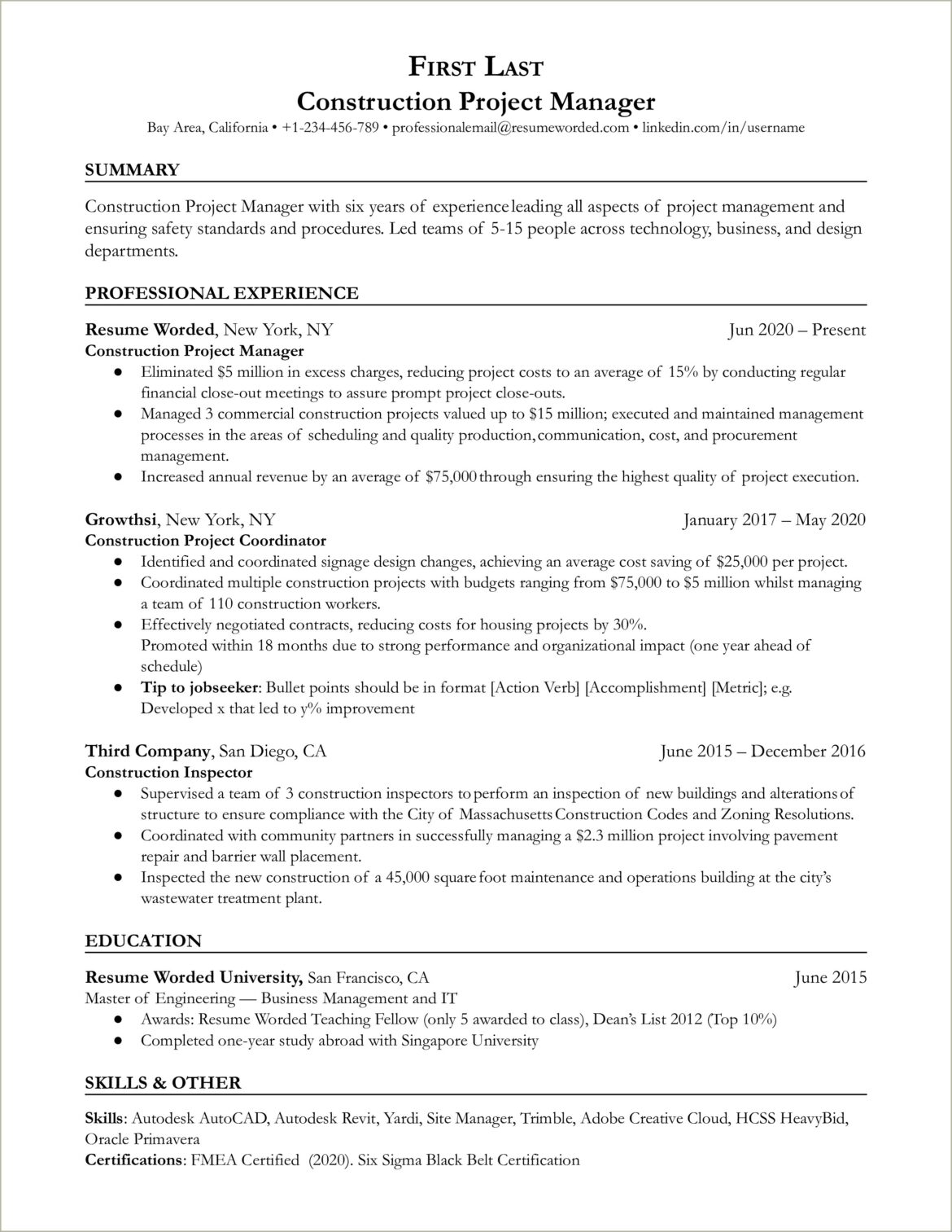 Example Of Resume For Construction Management