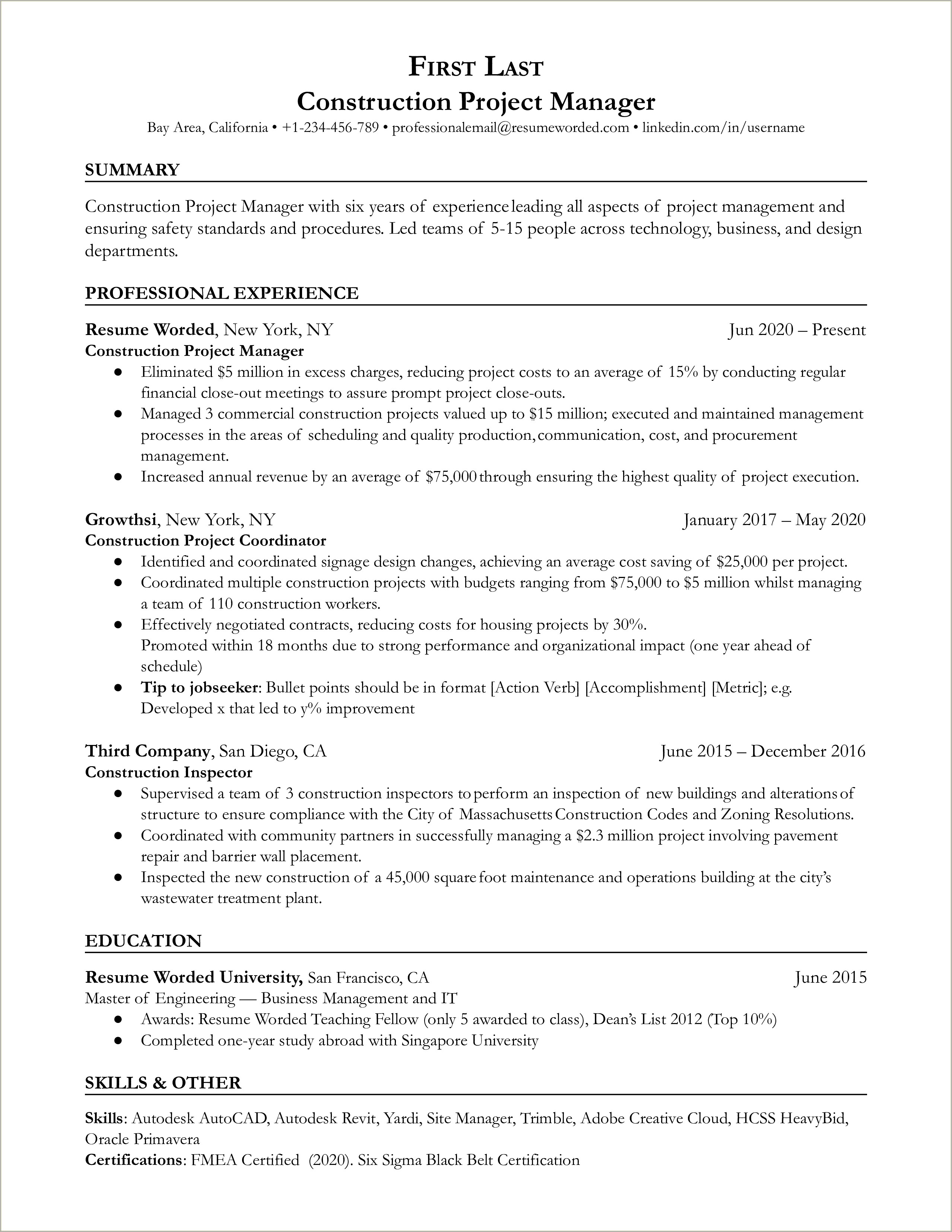 Example Of Resume For Construction Management