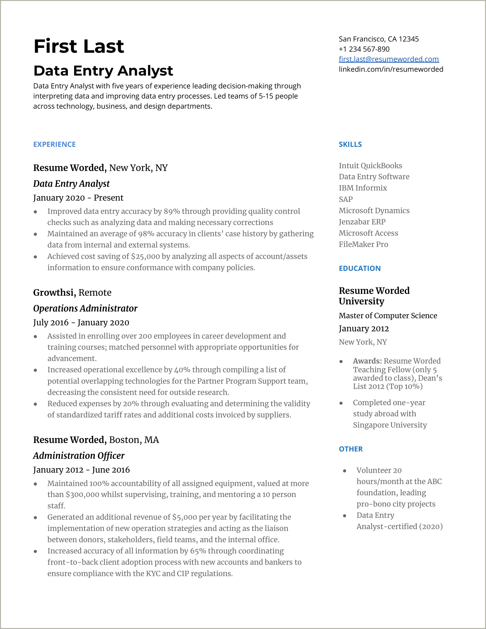Example Of Resume For Data Callection