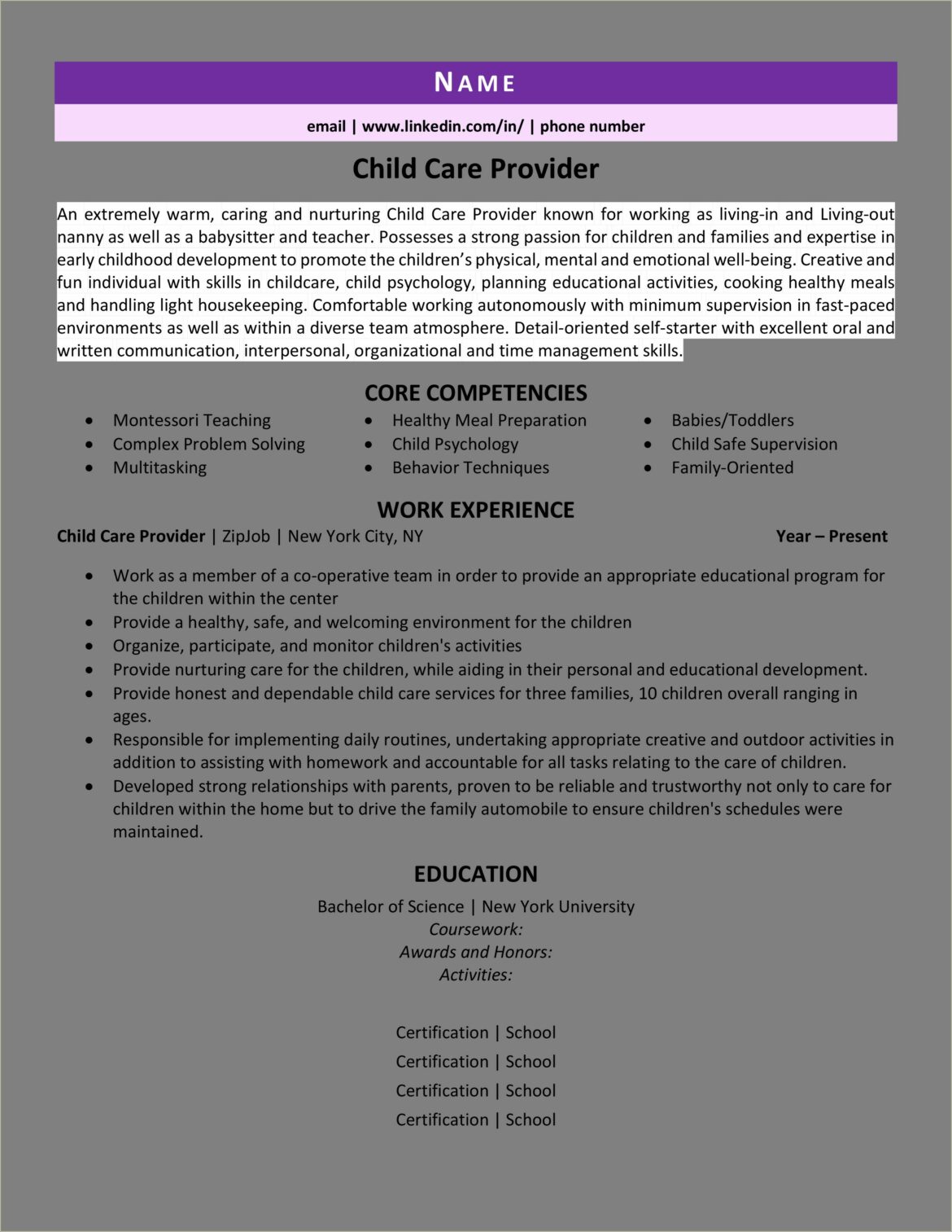 Example Of Resume For Daycare Teacher