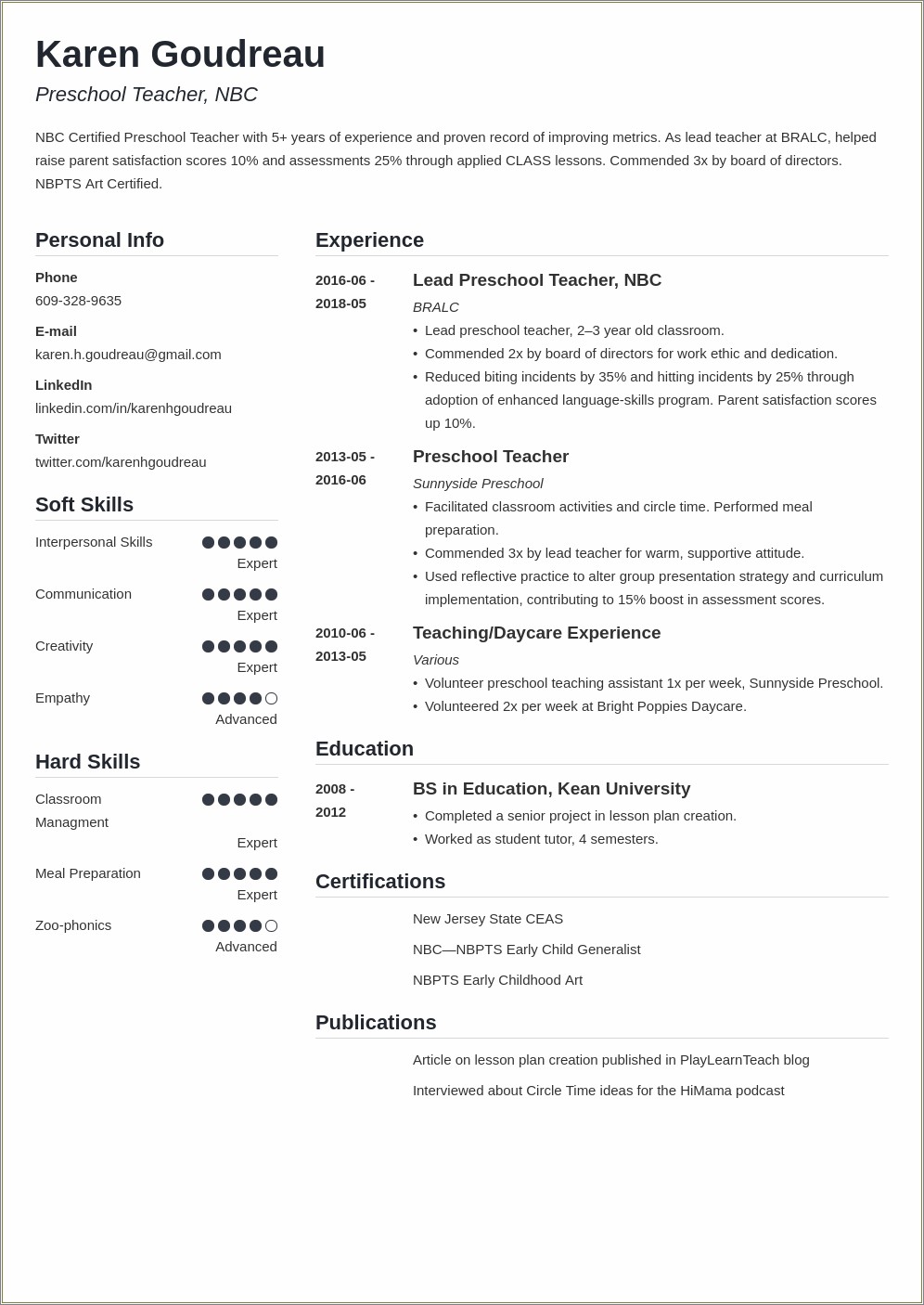 Example Of Resume For Early Childhood Teacher