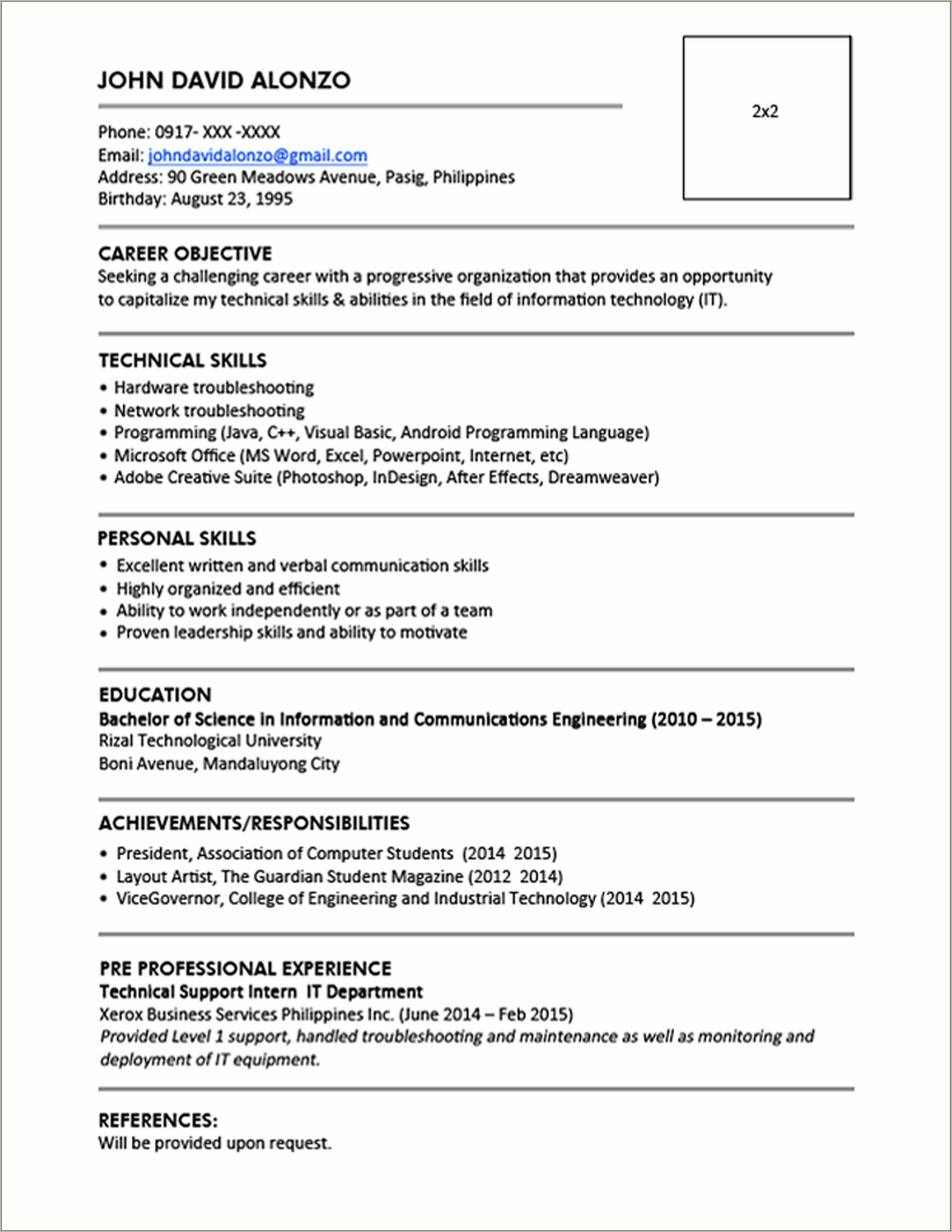 Example Of Resume For Engineering Fresh Graduate