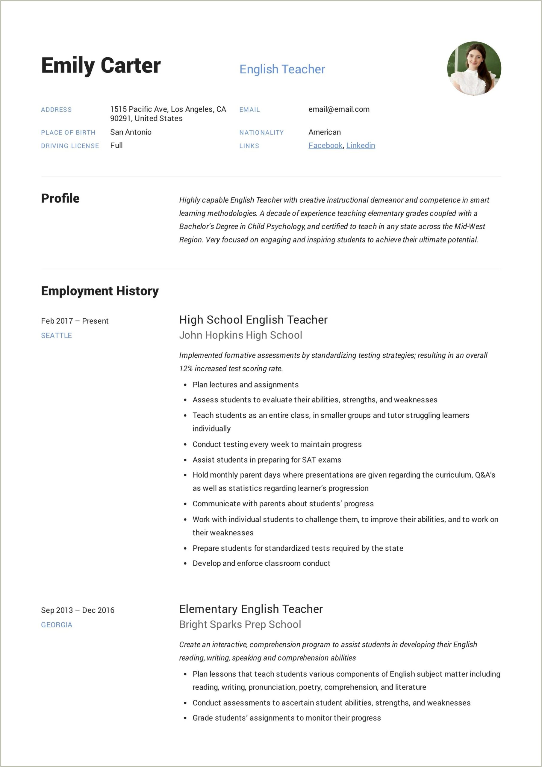 Example Of Resume For English Teachers