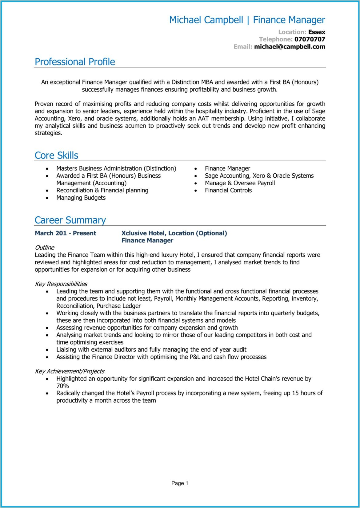 Example Of Resume For Finance Students