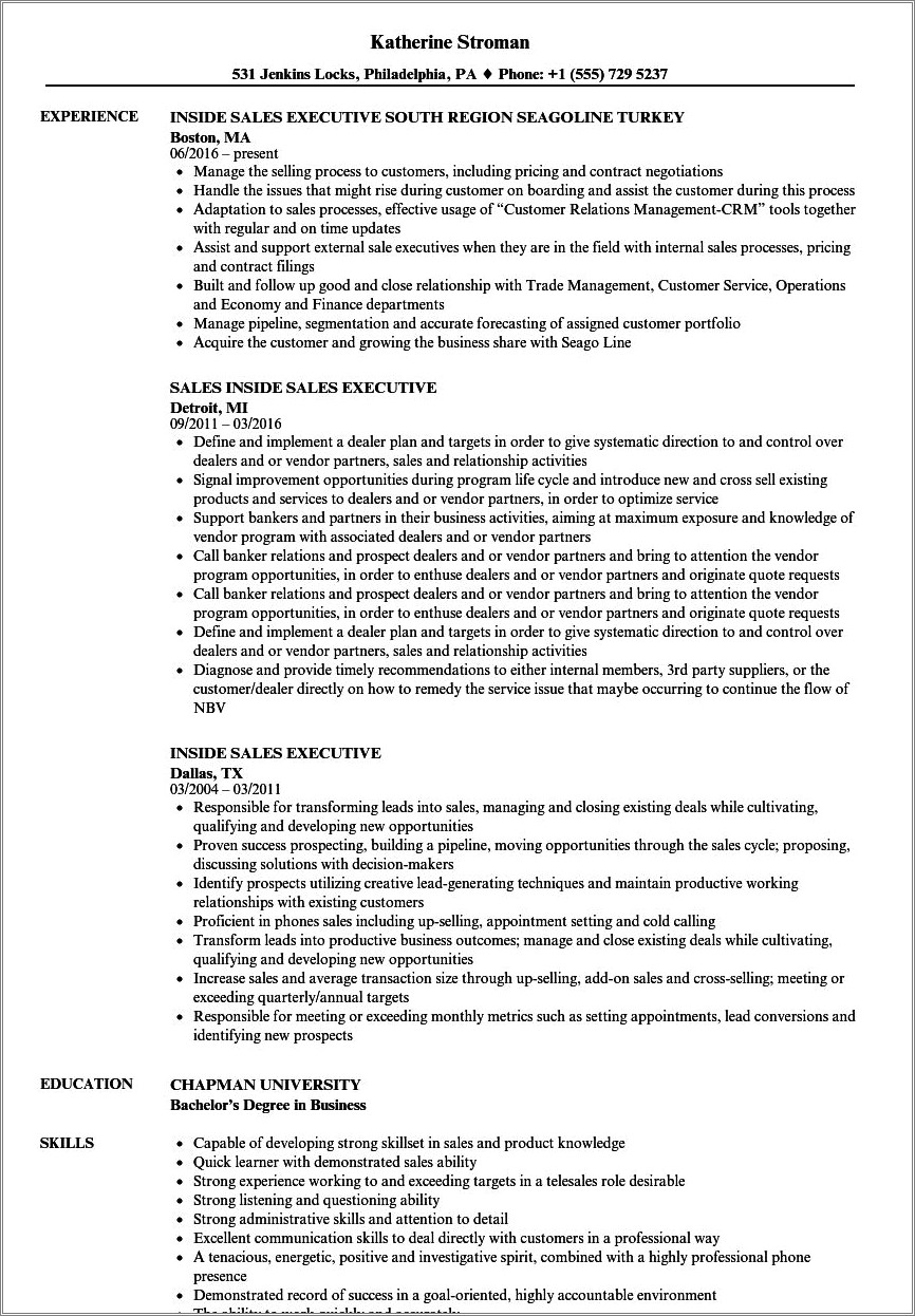 Example Of Resume For Inbound Sales