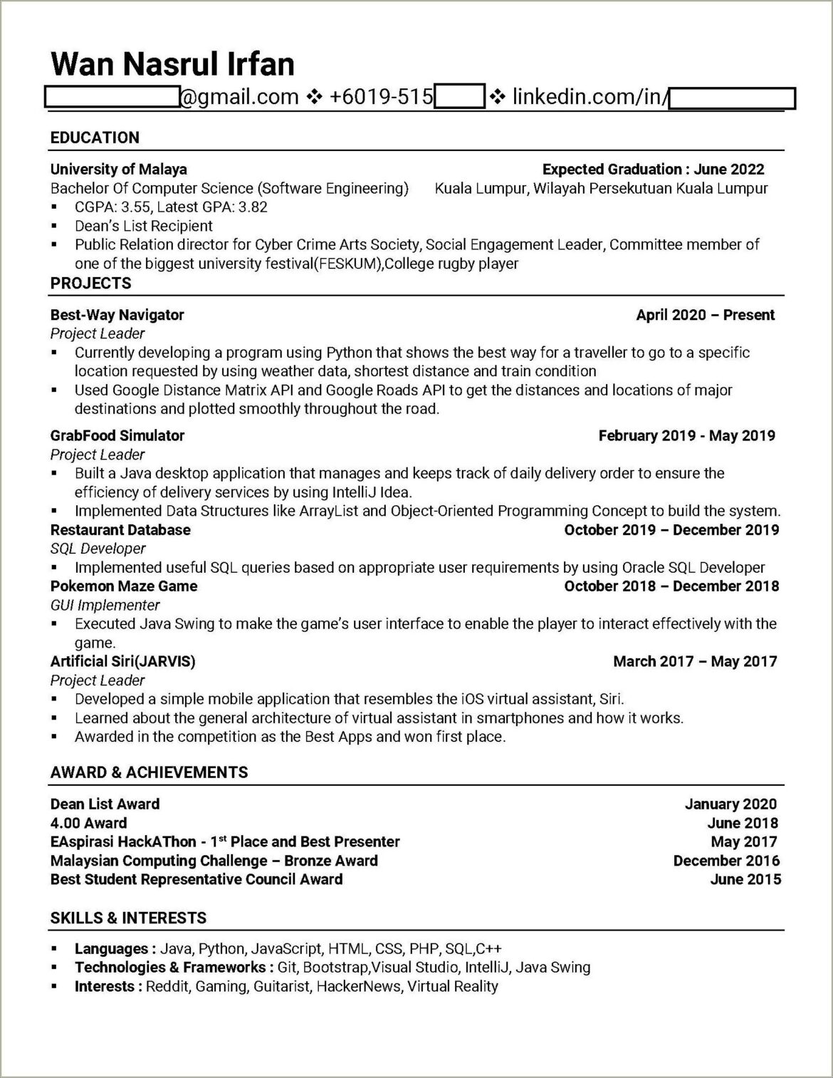 Example Of Resume For Internship Malaysia