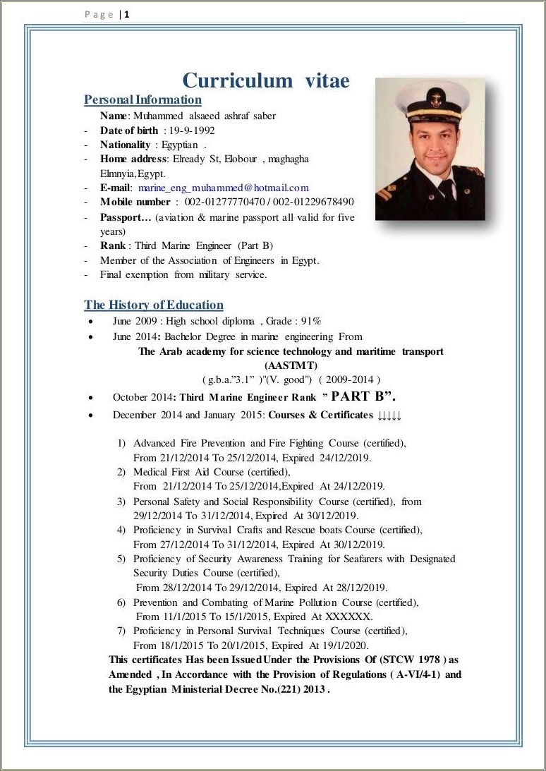 Example Of Resume For Marine Engineer