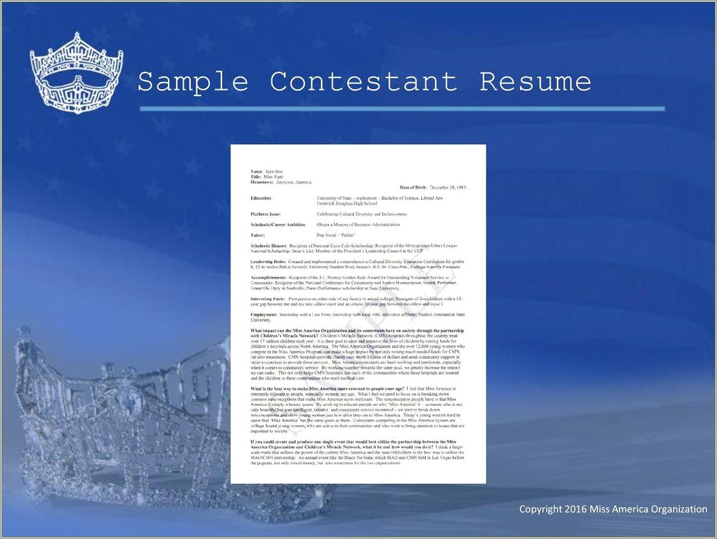 Example Of Resume For Miss America