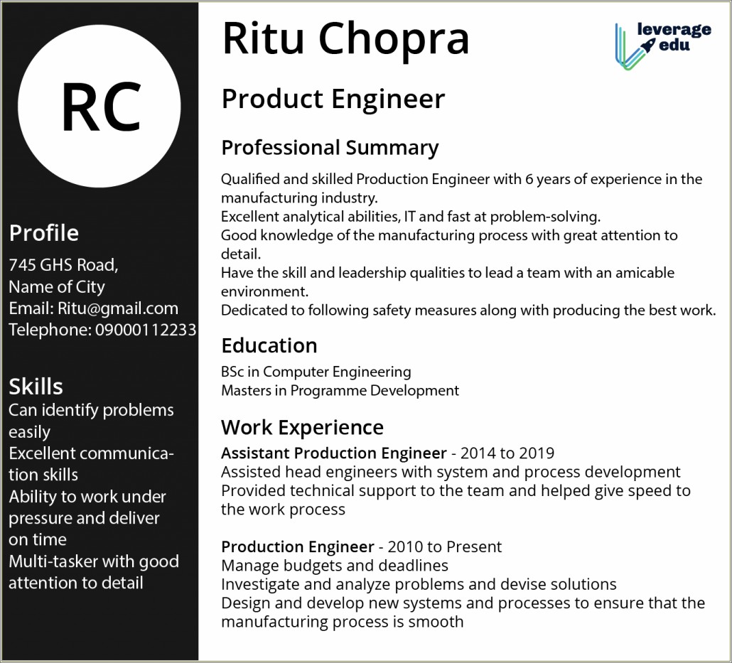 Example Of Resume For New Product Engineer