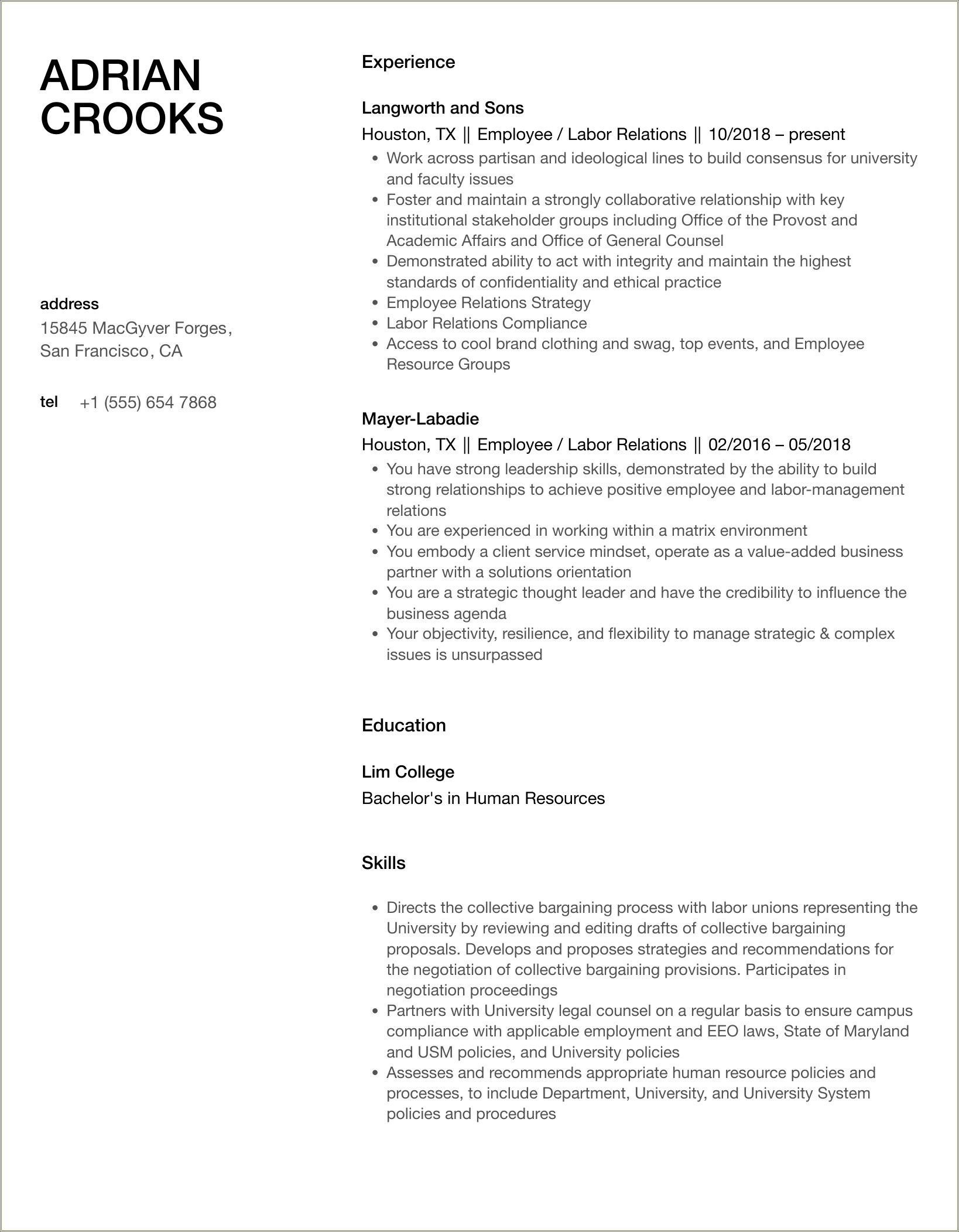 Example Of Resume For Nysta Employee
