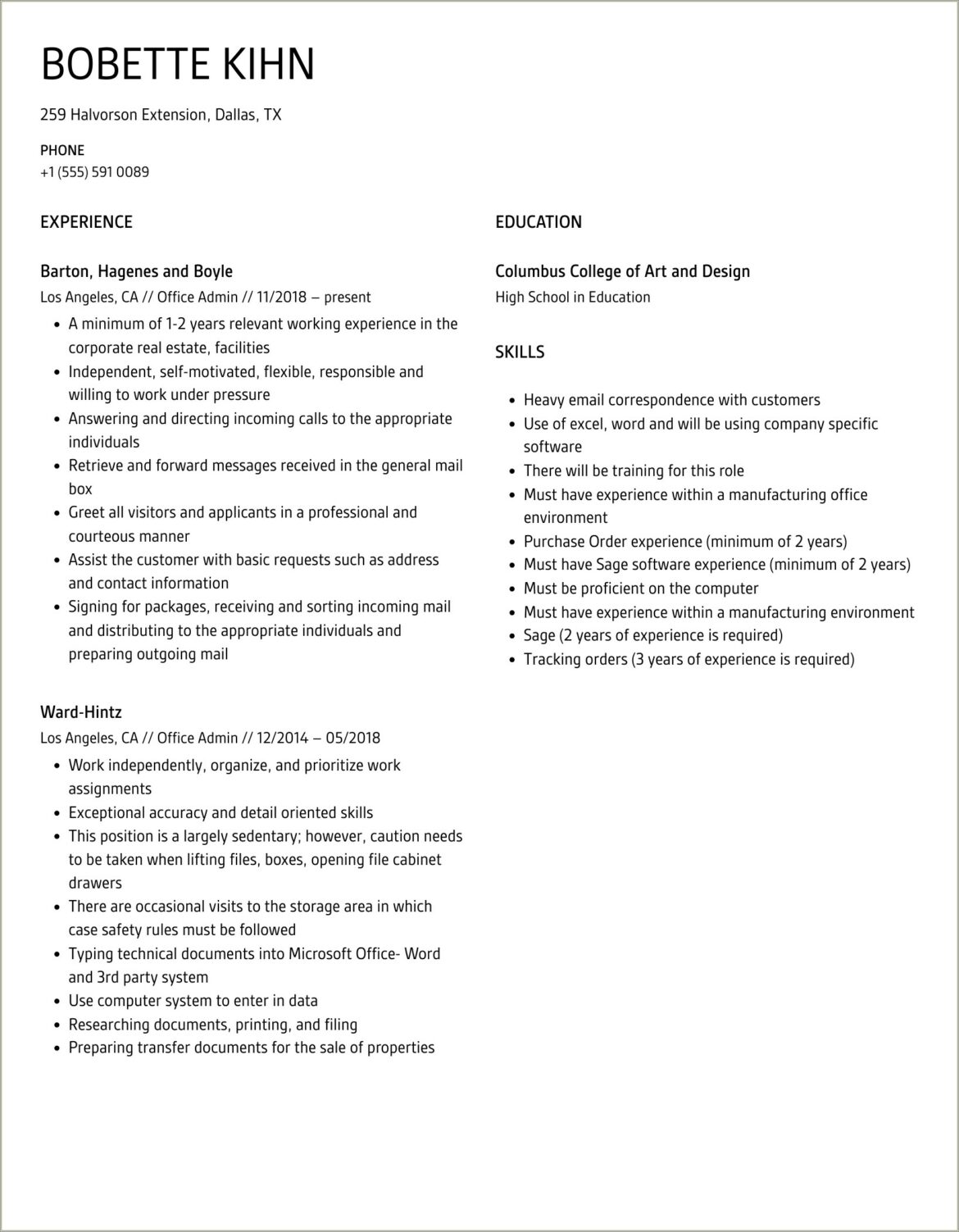 Example Of Resume For Office Administrator Manufacturing