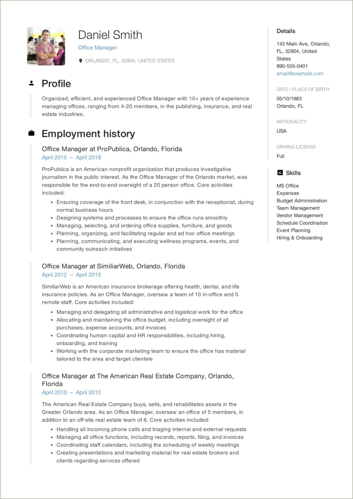 Example Of Resume For Office Manager