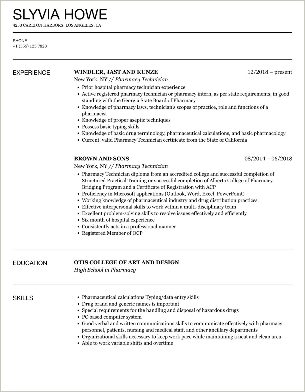 Example Of Resume For Pharmacy Technician