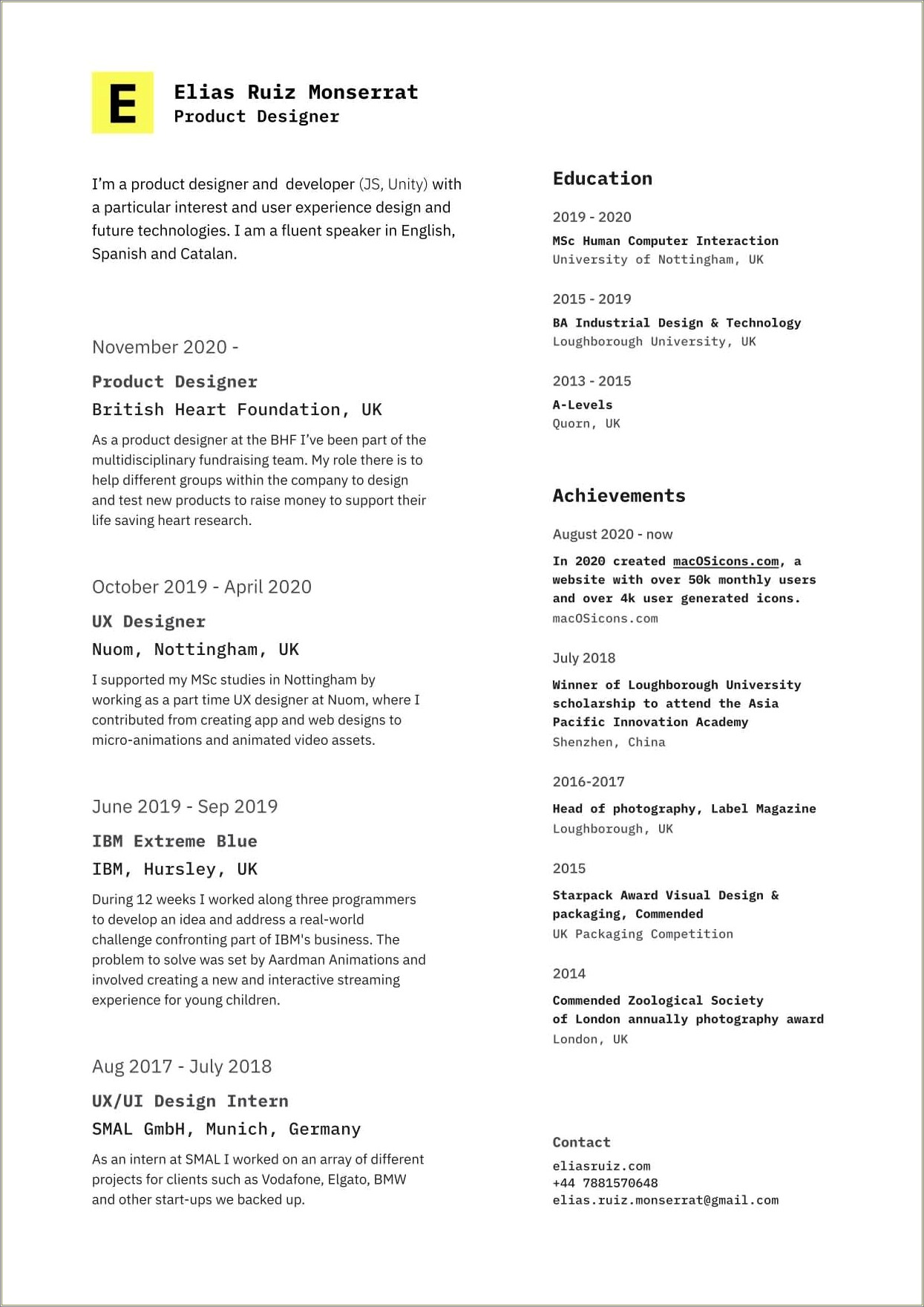 Example Of Resume For Product Designer