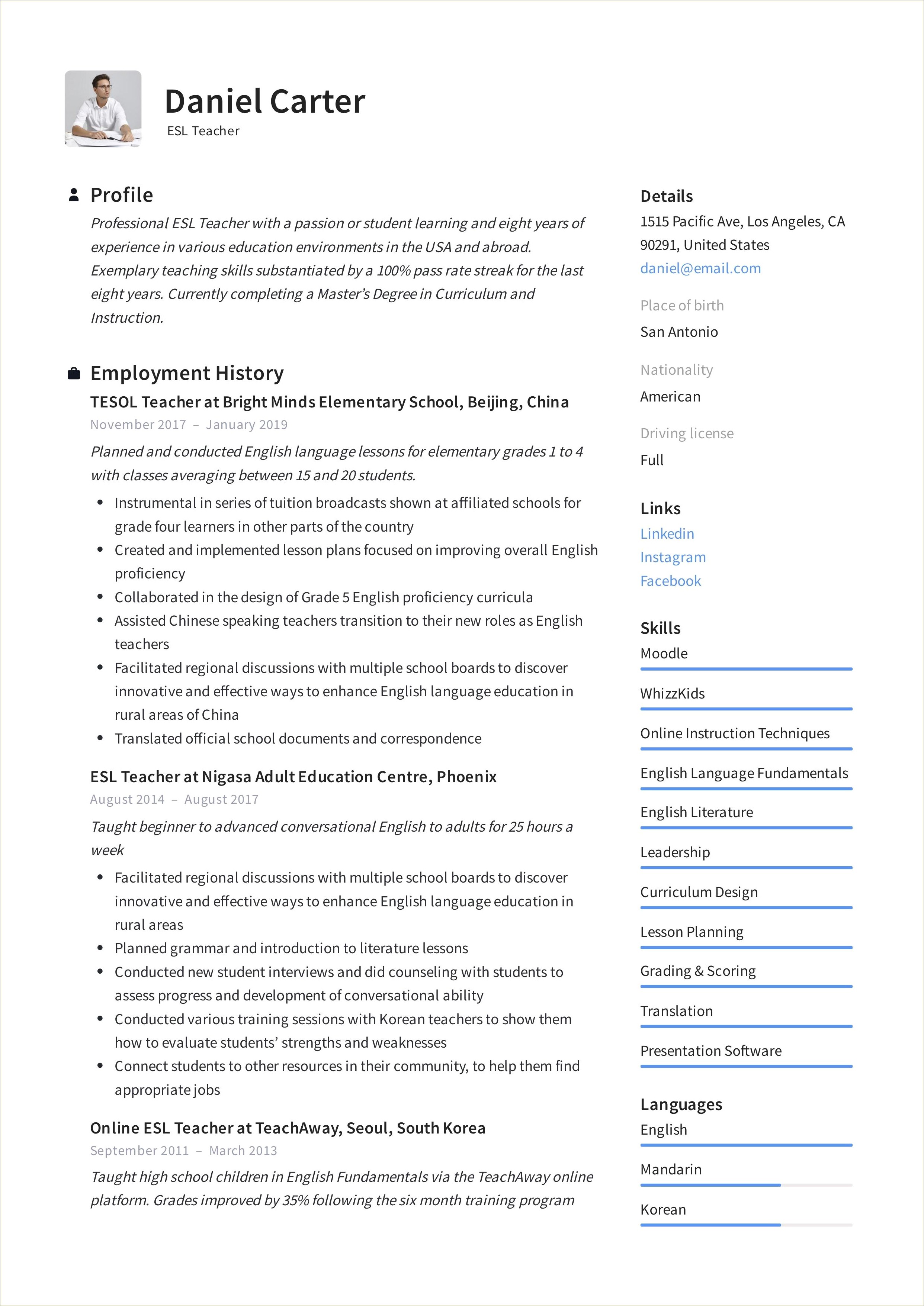 Example Of Resume For Secondary Teachers