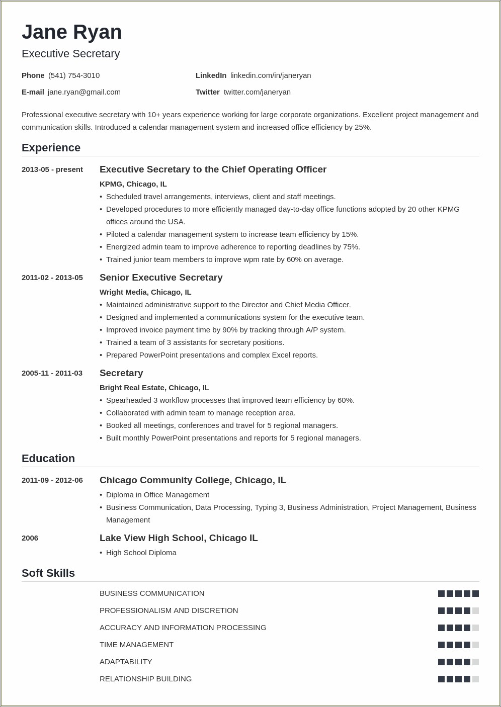 Example Of Resume For Secretarial Job