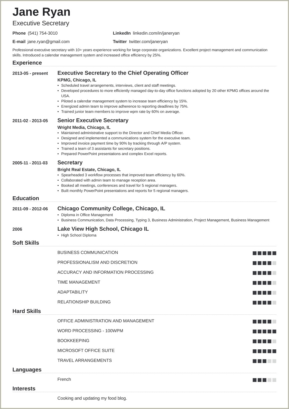 Example Of Resume For Secretary Position