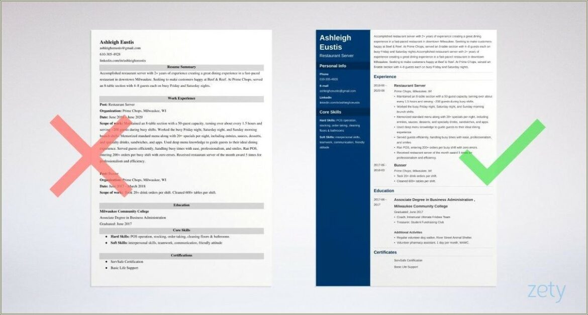Example Of Resume For Server Fine Dining