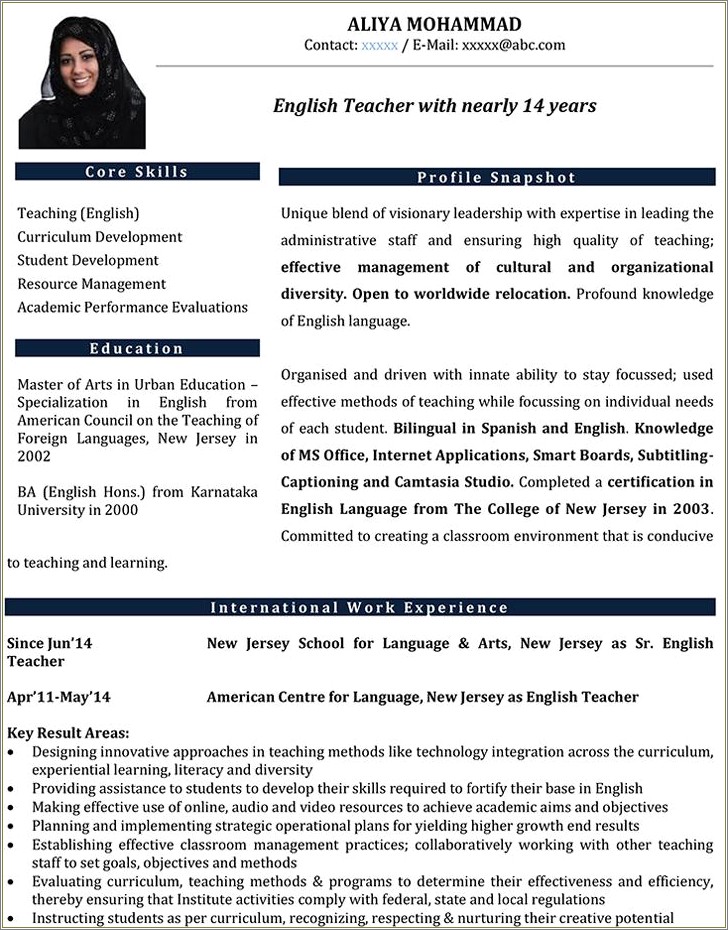 Example Of Resume For Teaching English Abroad